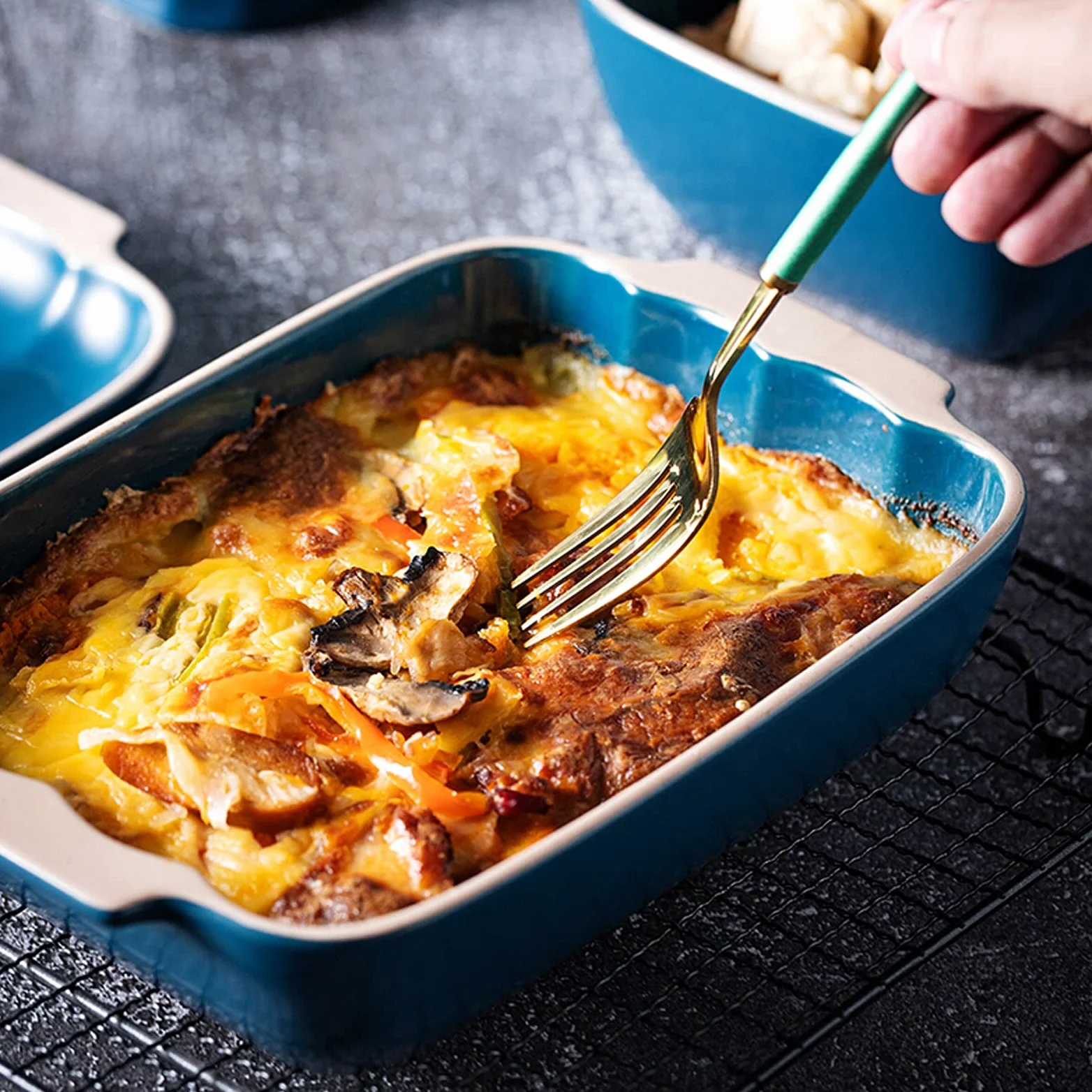Fuente para Hornear Casserole rectangular Pan para hornear Pan Multi Baker plato, plato para hornear con asa, plato de cazuela de cerámica, Pan de lasaña para cenar y banquete, azul Bandejas Horno