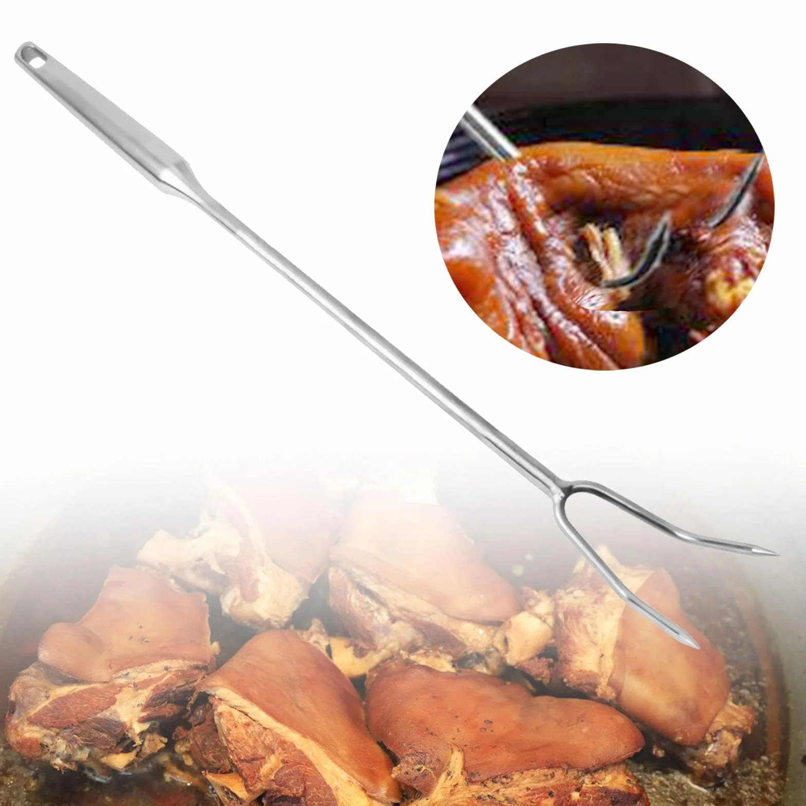 Tenedor para Carne, Herramienta de Acero Inoxidable 304, diseño Funcional de Dos Puntas para cocinar y trinchar, Mango de Acero 50cm