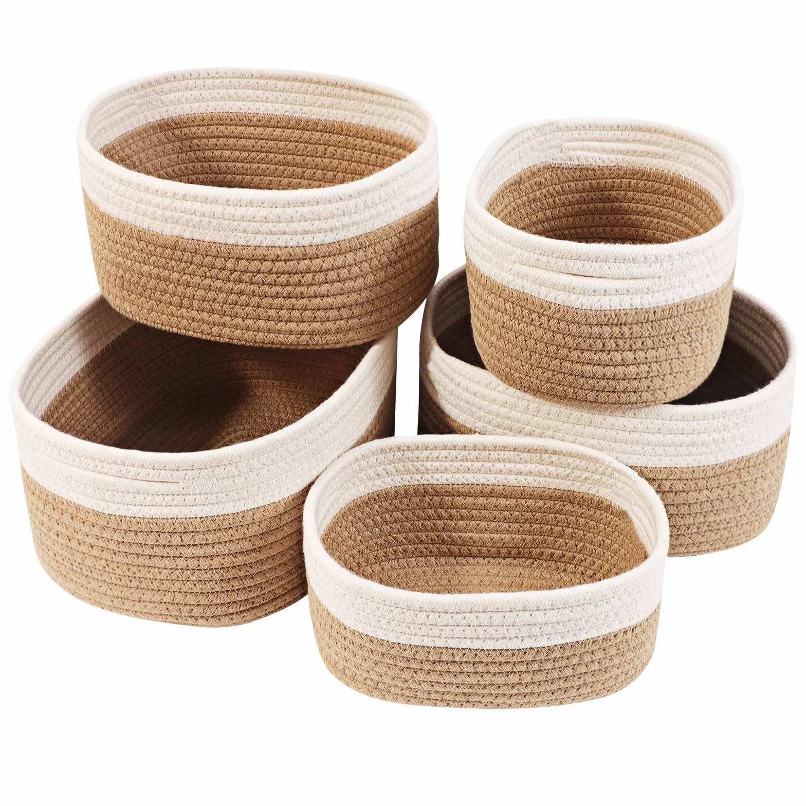 Lannvan Juego de 5 Cestas Almacenaje Tejidas con Cuerda de Algodón, Cestos Organizadores para Baño, Armarios y Cocina en Blanco y Yute