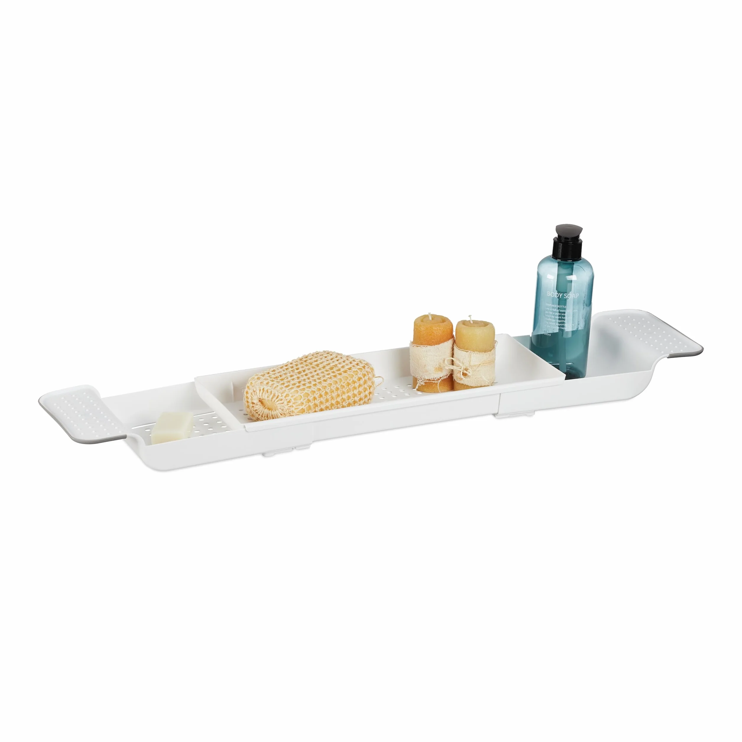 Relaxdays Bandeja para Bañera, Extensible 55,5-78 cm, Plástico, Agujeros de Drenaje de Agua, Antideslizante, Blanco
