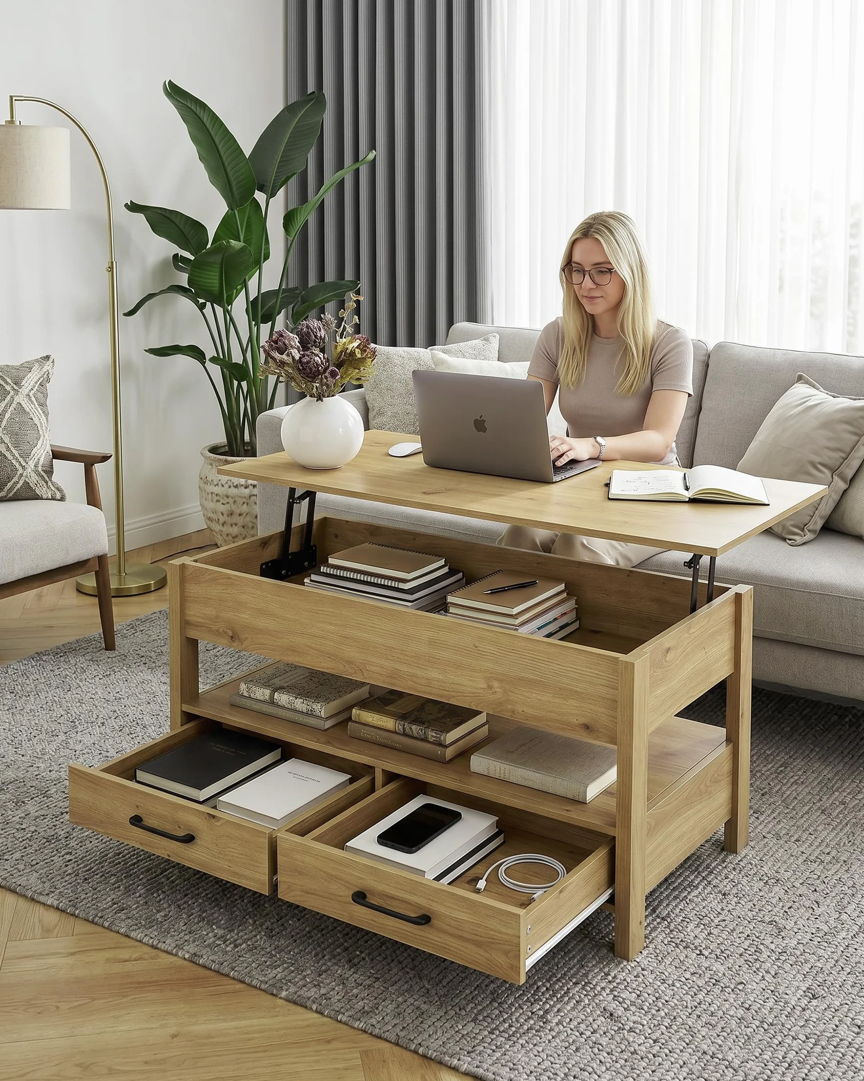 Mesa de Centro Elevable con LED RGB, Mesa Elevable y Extensible para Salón, Mesa Auxiliar Inteligente con Almacenamiento, Mesa para Sofa con Altura Ajustable