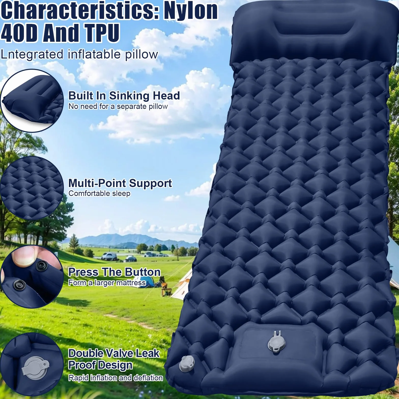 Colchoneta Autoinflable Ultraligera para Acampar, Esterilla Inflable Portátil Individual con Bomba de Pie