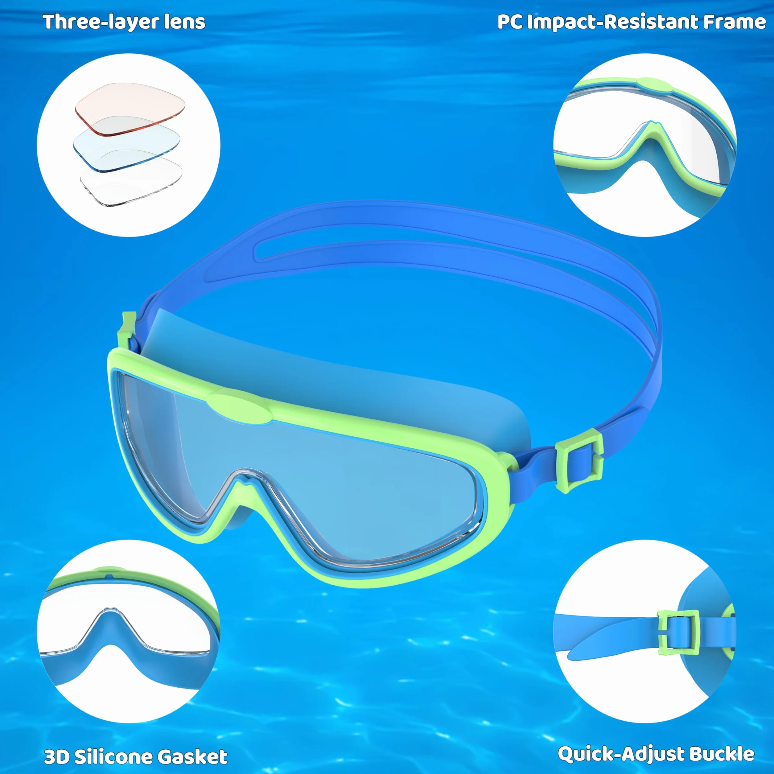 Gafas de Natación Antivaho Protección UV Junta de Silicona Montura Grande Niño 6-14 Años