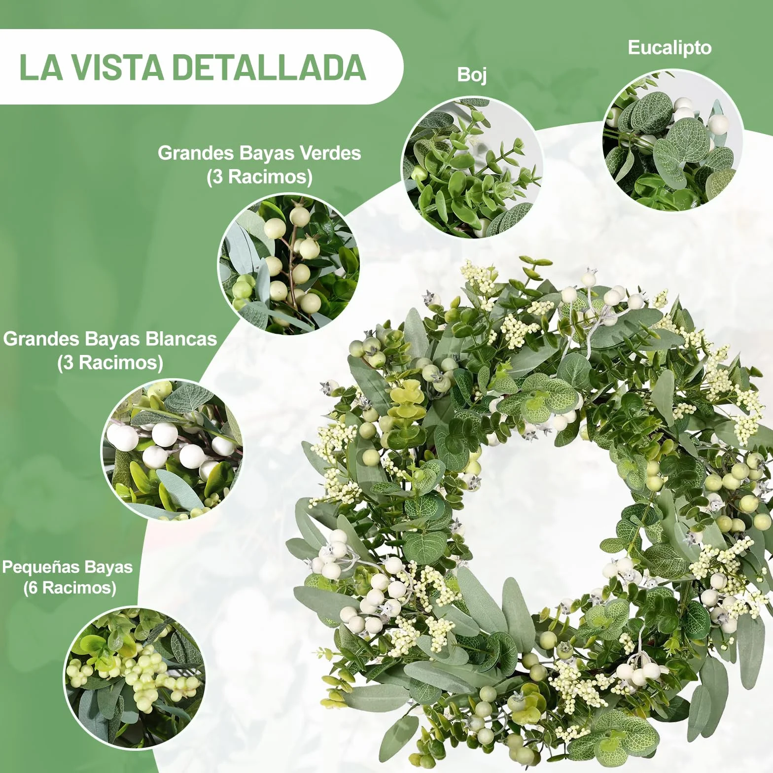 Corona de Eucalipto y Bayas de 46 cm en PE Premium – Corona de Puerta Resistente a la Intemperie para Todo el Año, Decoración para Exteriores de Entrada, Jardín y Exteriores