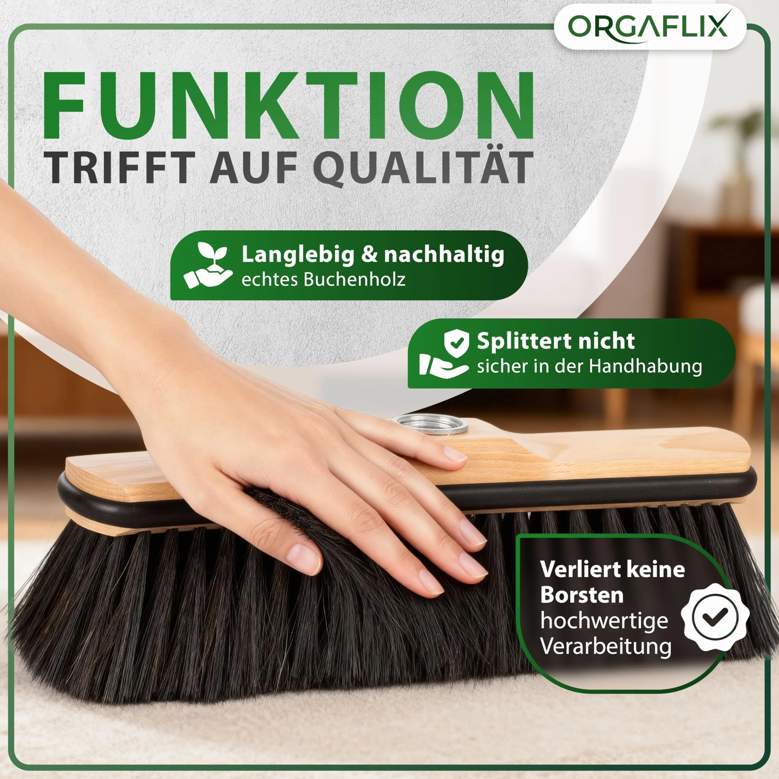 ORGAFLIX Escoba premium sin mango de crin con protección de bordes, 28 cm, extra resistente al polvo gracias a la mezcla de crins de, escoba de habitación
