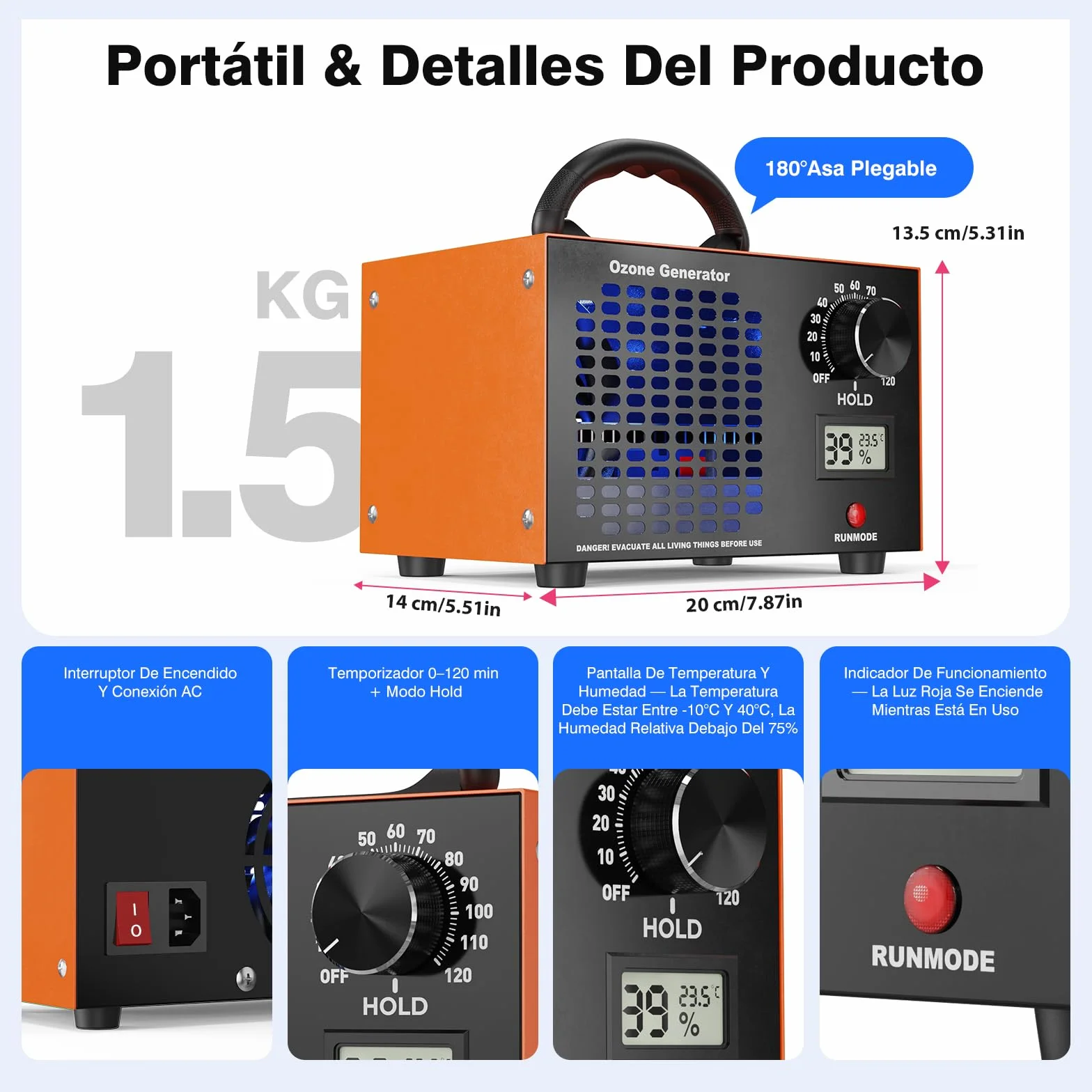 Generador de Ozono 120000 mg/h, Ozonizador Profesional con Temporizador 0-120 min y Modo Continuo, Pantalla Temperatura y Humedad, Tratamiento O3 para Hogar, Coches, Cocina y Olores Mascotas