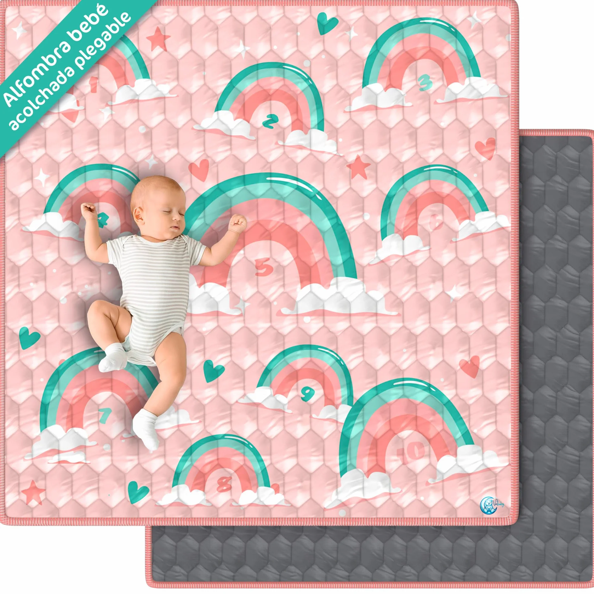 Alfombra Bebe Acolchada 120x120 cm Plegable Antideslizante y Lavable Juegos y Gateo para Suelo Tapete Suave Actividades Montessori Estimulacion Sensorial Infantil Valbabycare