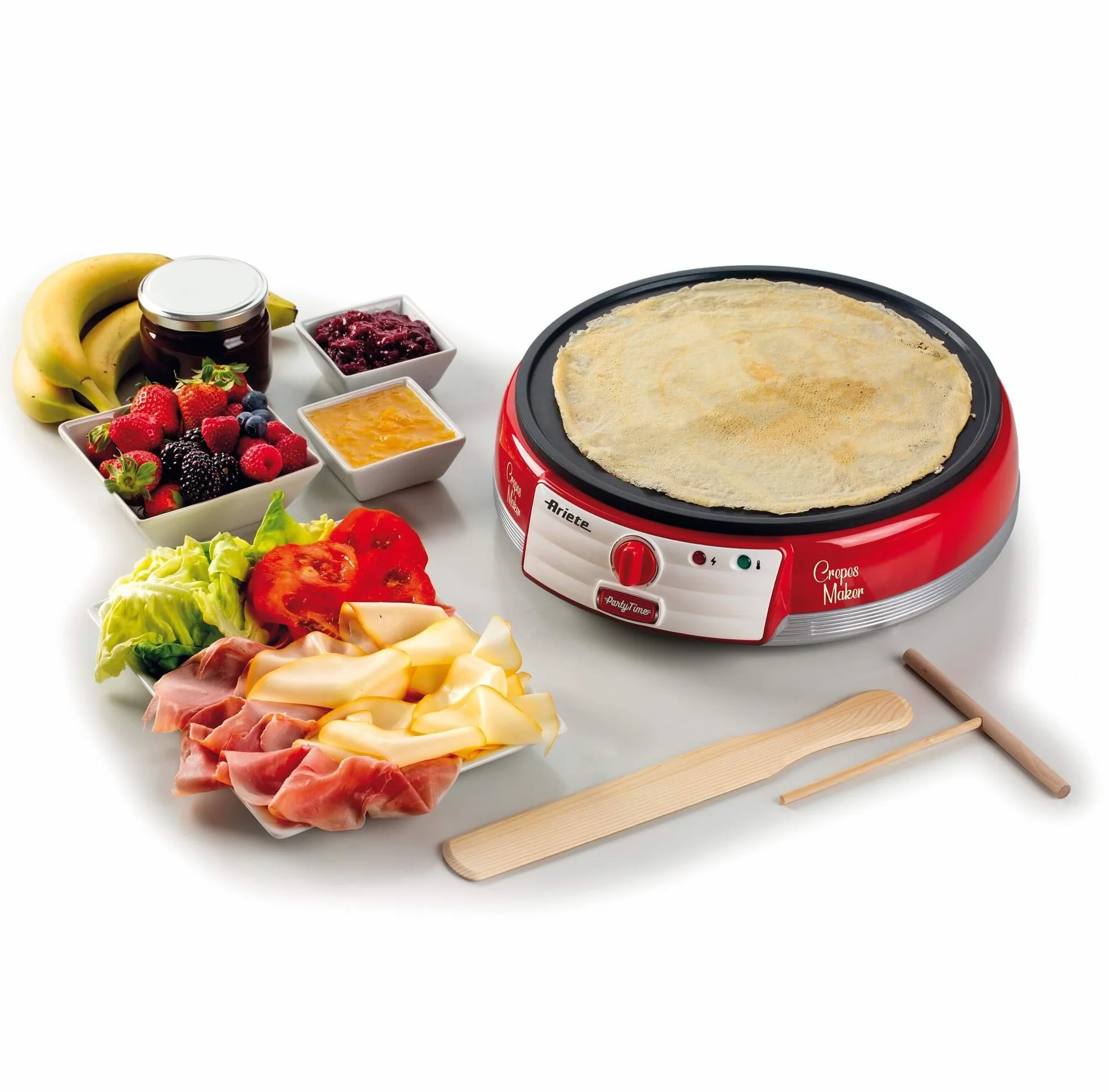 Ariete 202, Crepes Maker Party Time, plancha para crepes antiadherente, 2 espátulas de madera, recetario, 1000 W, rojo