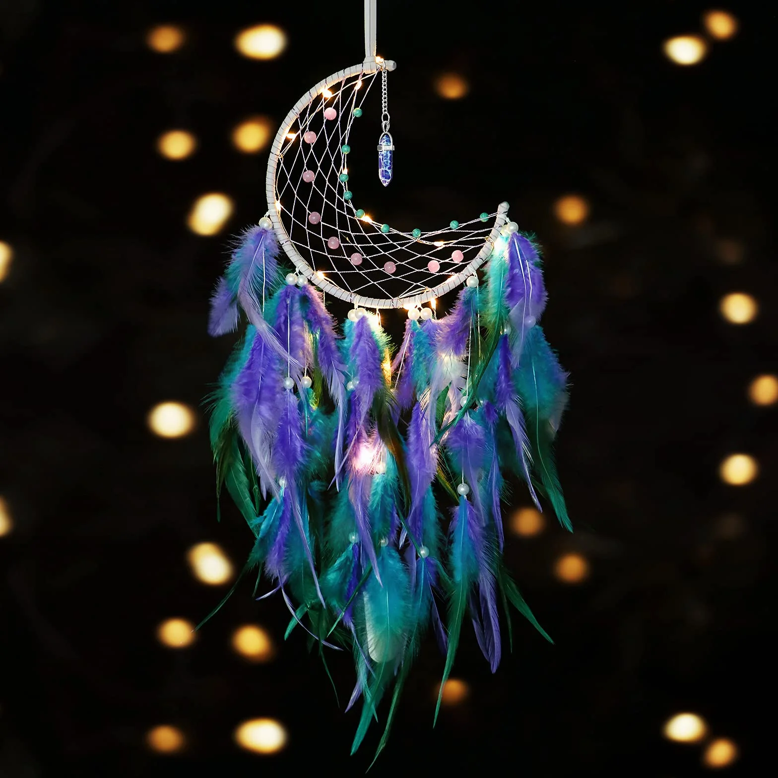 Dremisland Luna Atrapasueños LED con Plumas Hecho a Mano Dream Catcher Turquesa Colgante de Pared Adorno para decoración Hogar Dormitorio Regalo Artesanal (Azul & Púrpura)