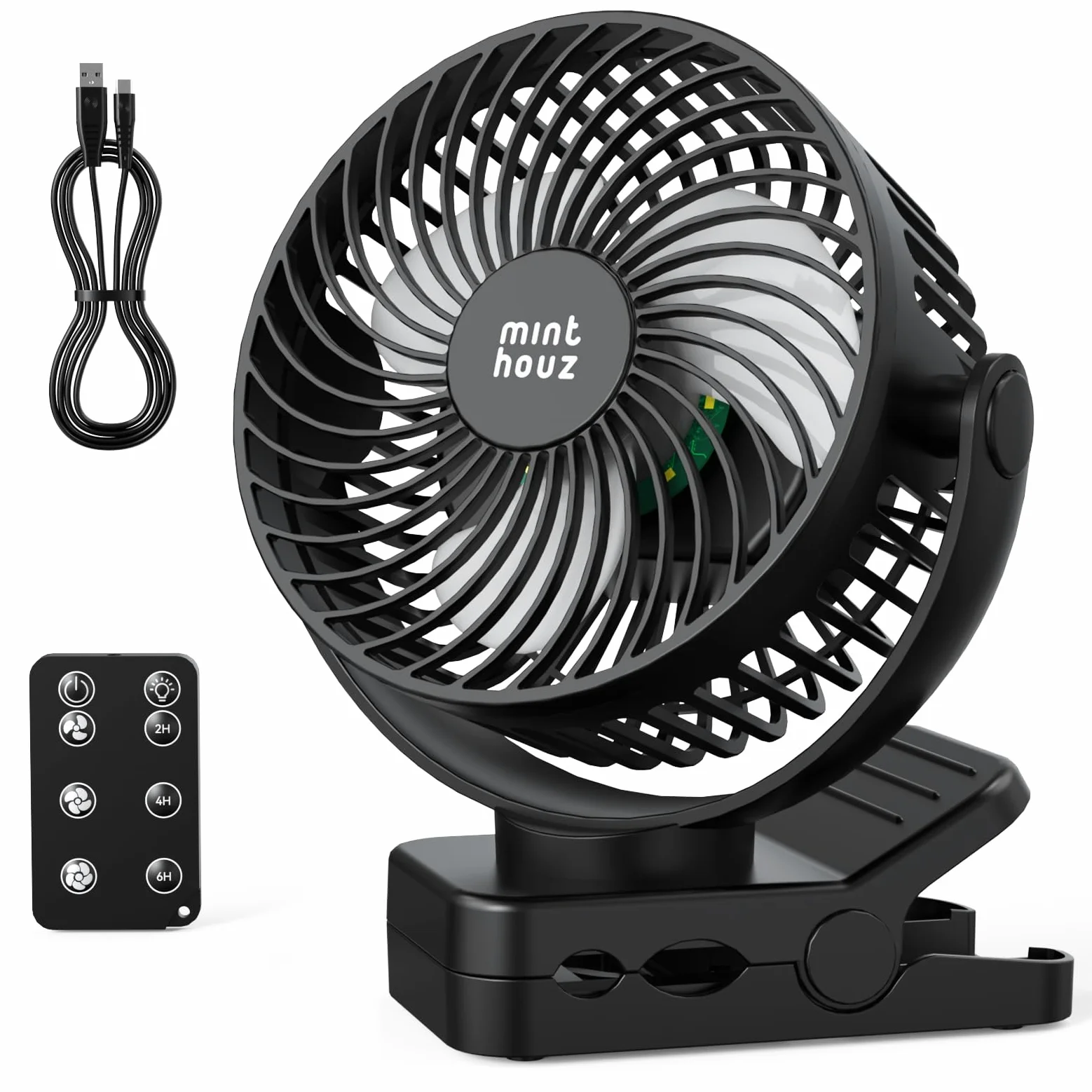 Minthouz Ventilador Portátil USB Recargable 12000mAh con Pinza, Mando a Distancia, 45H Autonomía, Silencioso, 3 Velocidades, Luz LED, Rotación 360°, Temporizador, para Escritorio, Camping y Cochecito