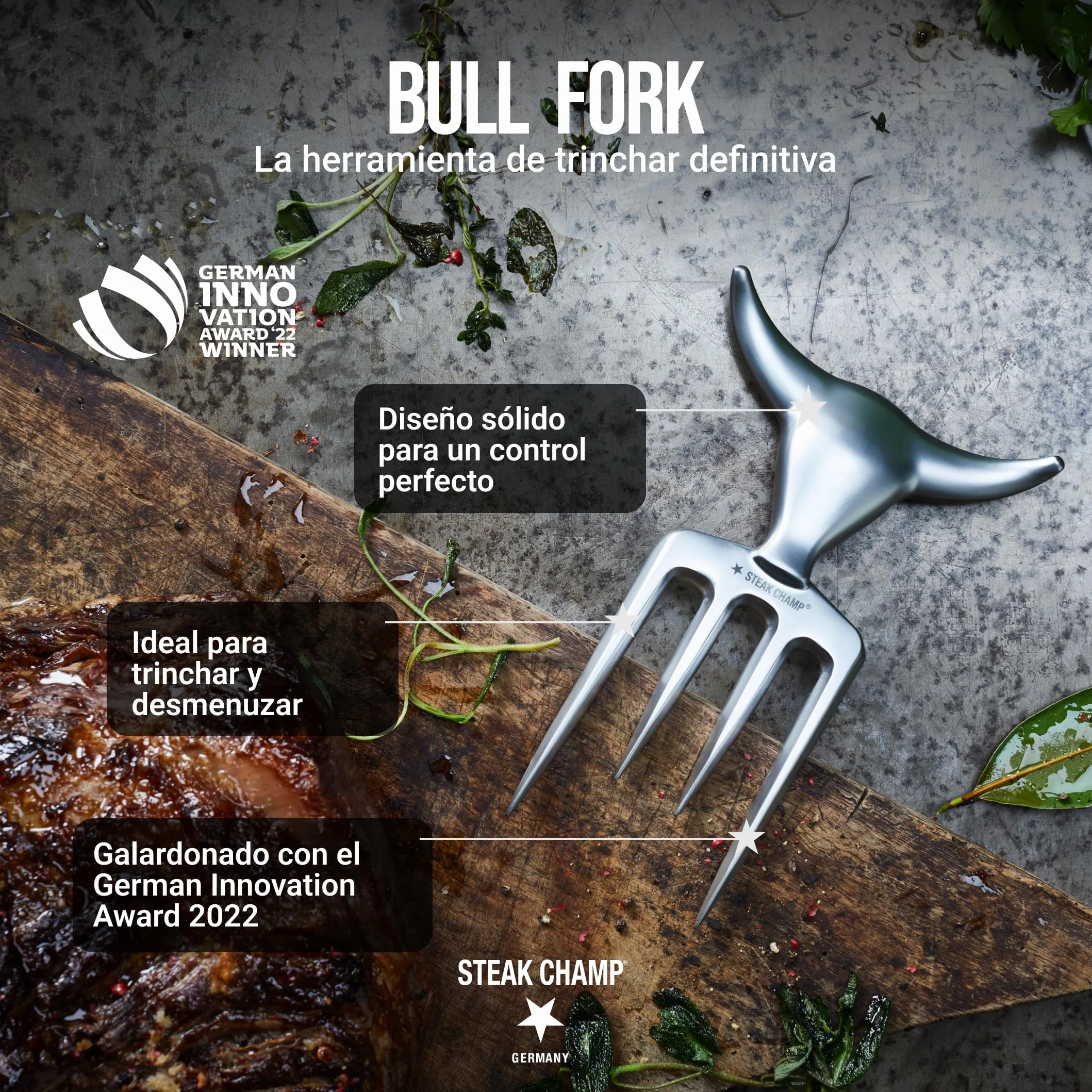 Tenedor de carne Steak Champ Bull Fork, 16,5 cm: Tenedor sólido para servir, cubiertos para trinchar, con aleación de zinc, cromado, apto para lavavajillas