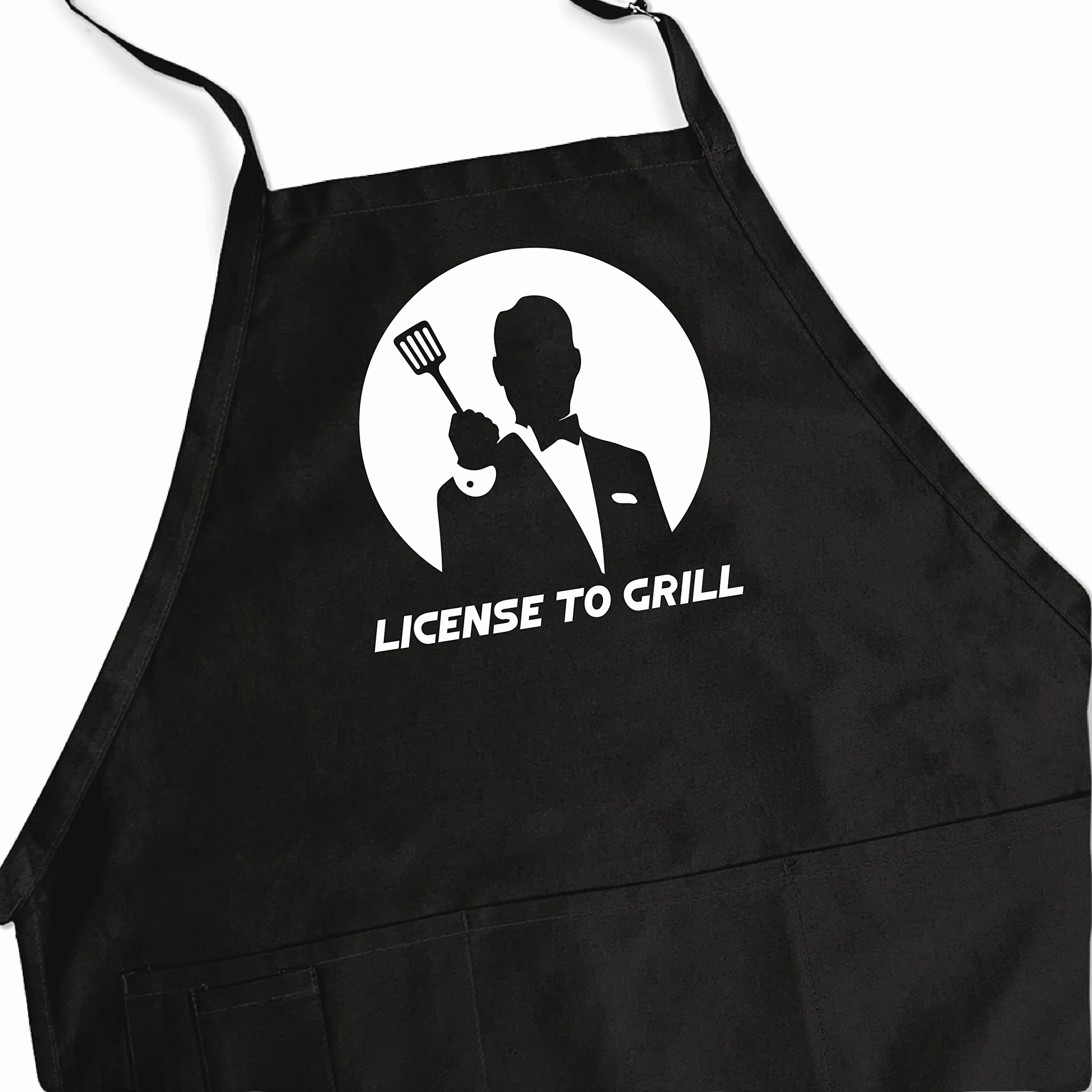 ApronMen Delantal de parrilla de barbacoa (licencia para parrilla) con poliéster, 4 bolsillos utilitarios, cuello ajustable y tiras de cintura extra largas