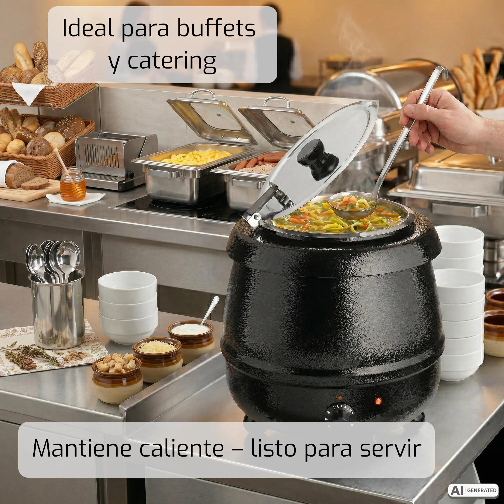 SARO SKZ-12 Caldero para sopa, 10 l, acero inoxidable, 330 x 360 mm (Ø x L), depósito de agua extraíble, tapa plegable, regulador de energía y luz indicadora