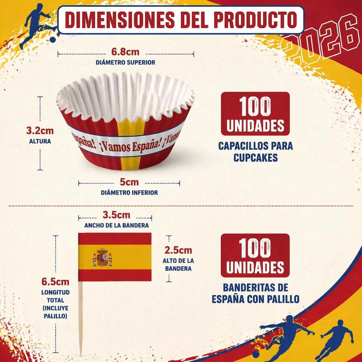 YESAH Decoraciones Fútbol para el Mundial 2026,100P Mundial España Banderas de Palillo,100 Moldes Cupcake Bandera Española para Toppers Pastel,Cápsulas Magdalenas,Fiesta Fan, ¡Vamos España!