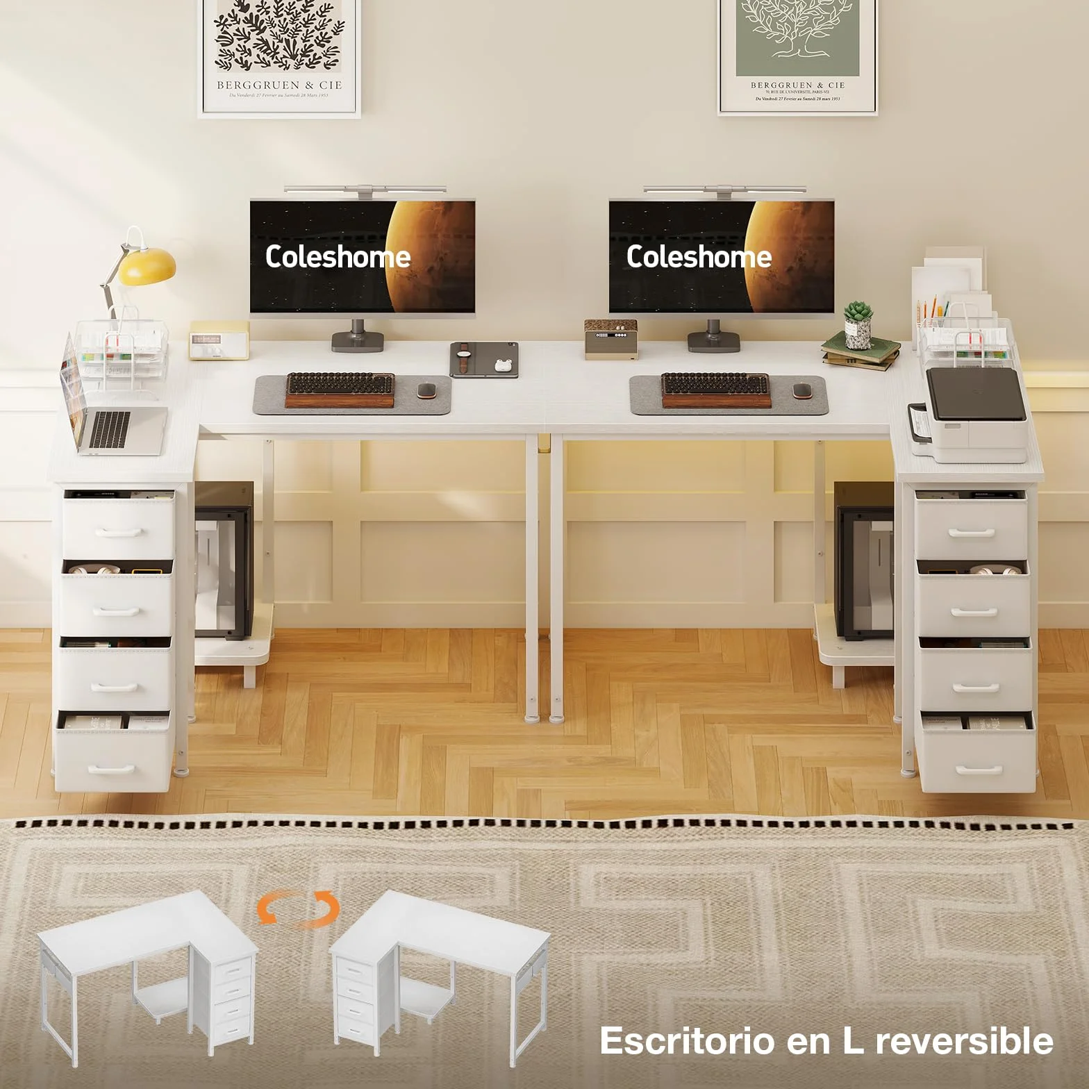 Coleshome Escritorio Esquinero con 4 Cajones de Tela, 100x70cm Escritorio en L Reversible con Almacenamiento y Estanteria, Mesa Escritorio para Oficina en Casa y Dormitorio, Blanco