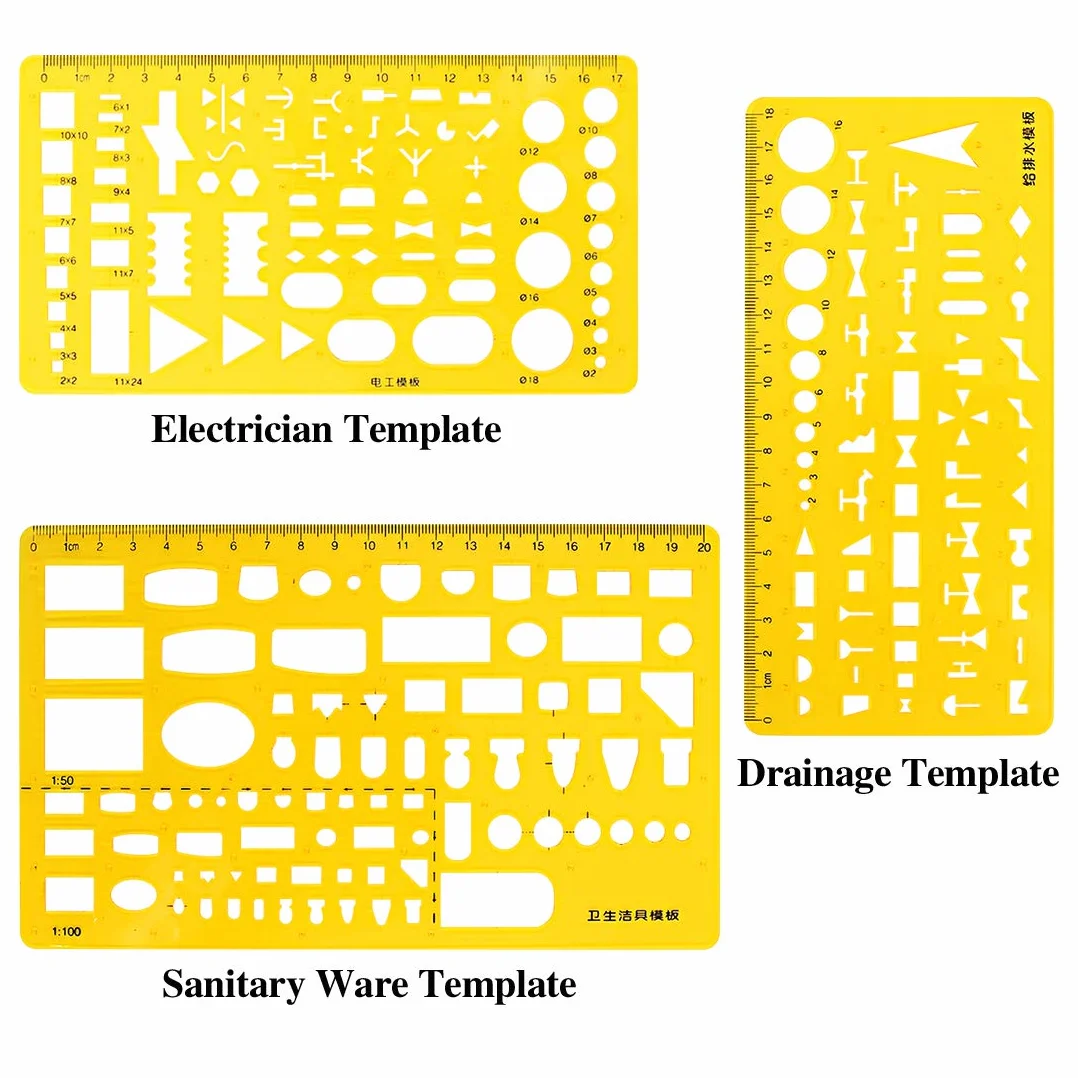 Sweet - Juego de 18 diseños geométricos de plástico amarillo, 10 diseños geométricos diferentes con 2 lápices y 5 reglas de medición