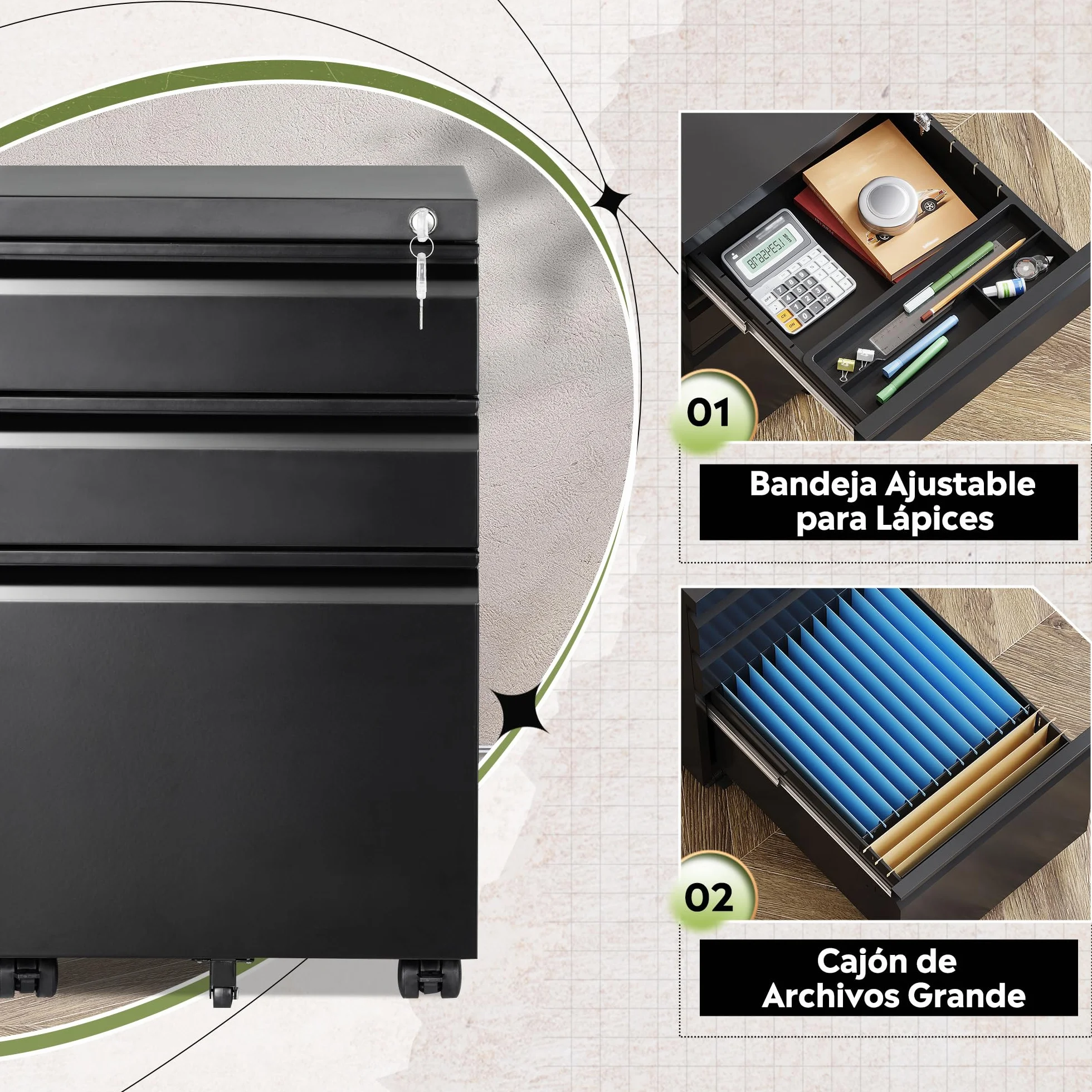 DEVAISE Carro Archivador con Cajones Bloqueables, Mueble Bajo Escritorio Metálico para Impresora, 3 Cajones & Ruedas Giratorias Bloqueables, Negro