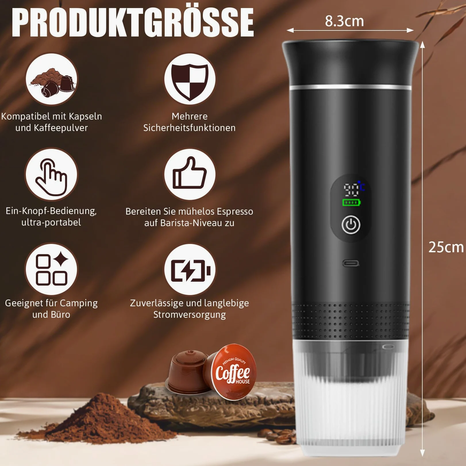 Cafetera espresso portátil 3 en 1, mini cafetera de viaje | Con Type-C, cafetera de viaje compatible con cápsulas y café molido, cafetera To Go para coche, oficina, camping