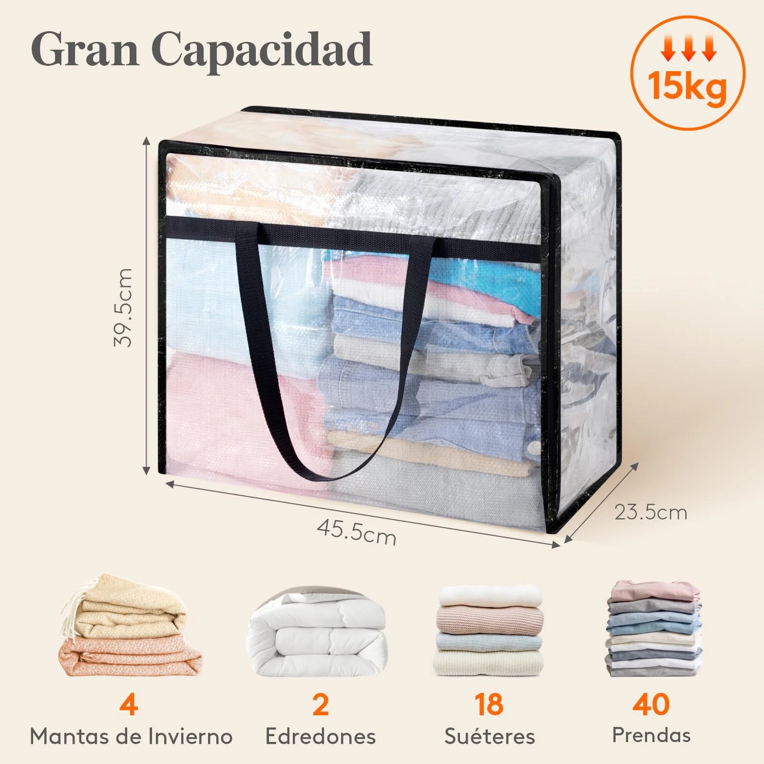 Lifewit Bolsas de Almacenaje de Ropa 40L en PP, Organizador de Armario Plegable Transparente con Asas Reforzadas, Cajas de Mudanza para Mantas, Edredones y Juguetes, 3 Piezas