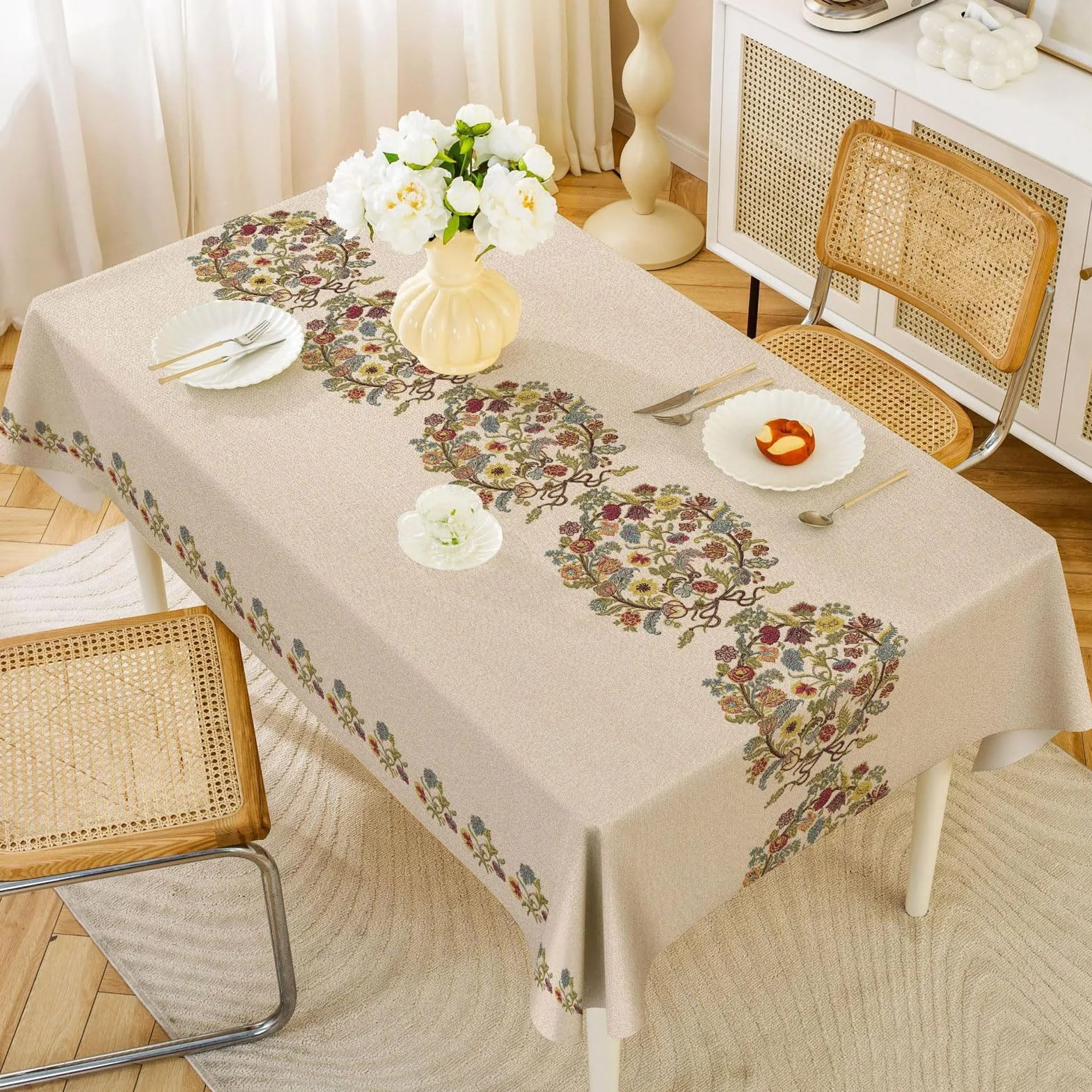 Mantel de poliéster impermeable con ribete de encaje, tela decorativa suave y sin arrugas para cocina y comedor