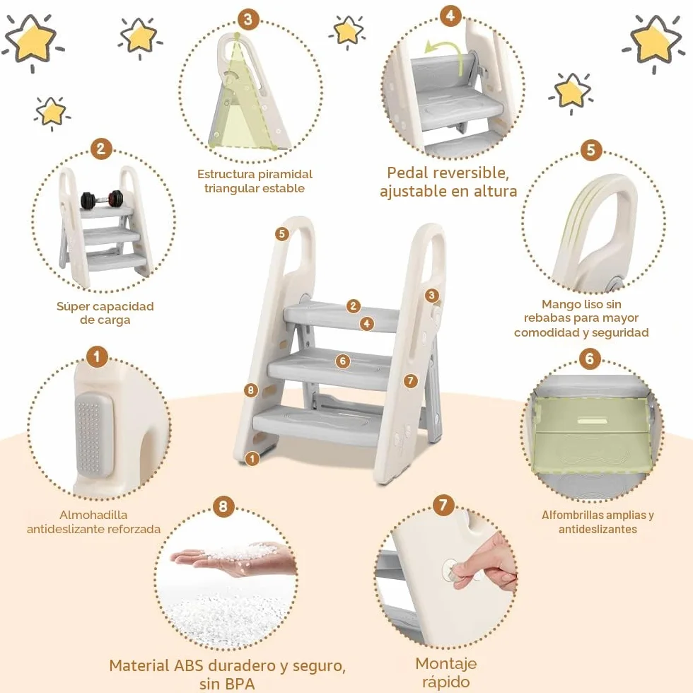Onasti Taburete Plegable Infantil 3 Peldaños, Asiento Entrenamiento Inodoro Ajustable Antideslizante Gris