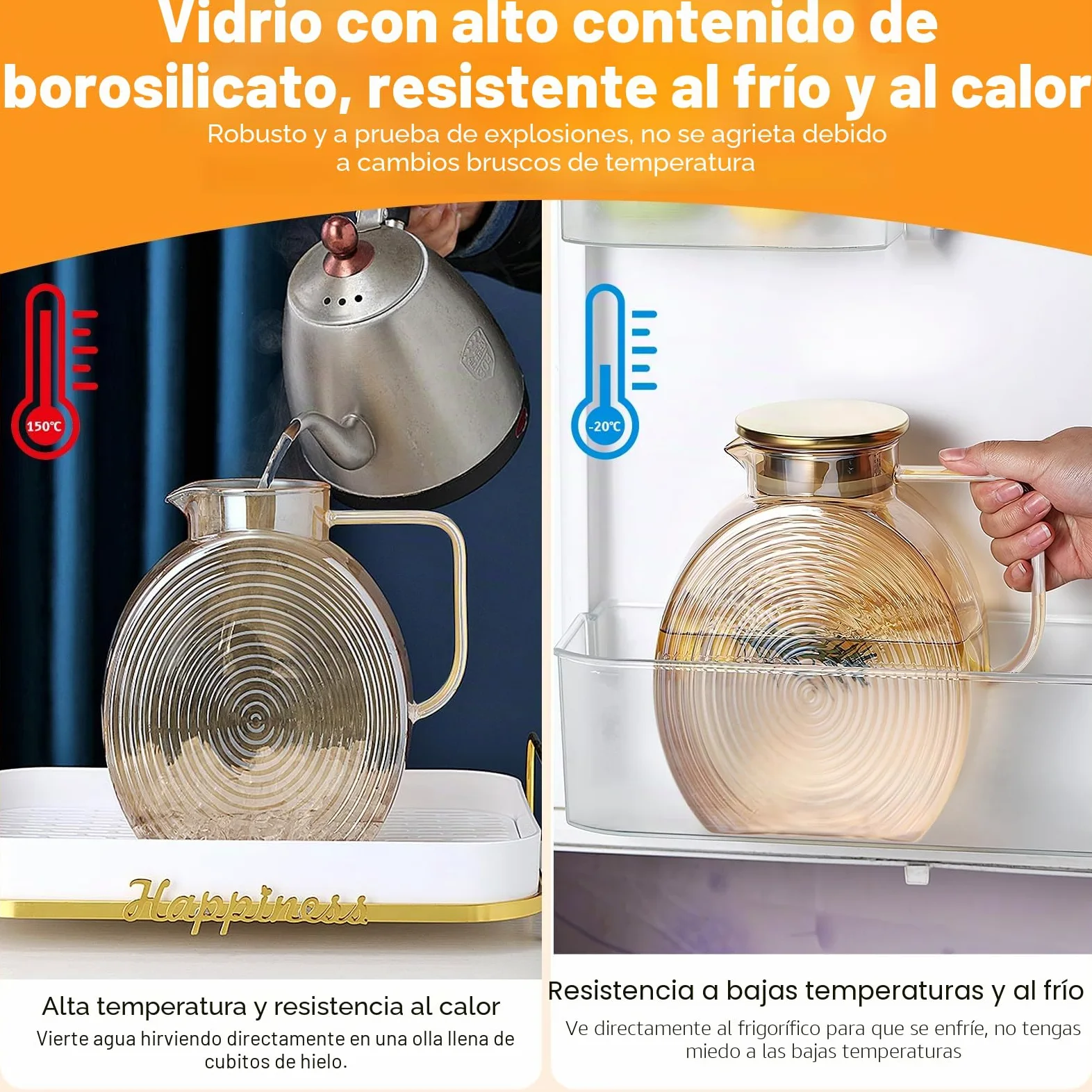 Jarra de agua de 2,2 litros de vidrio de borosilicato, jarra de agua con tapa de acero inoxidable, a prueba de fugas para bebidas caseras/café/leche/té helado/vino/jugo
