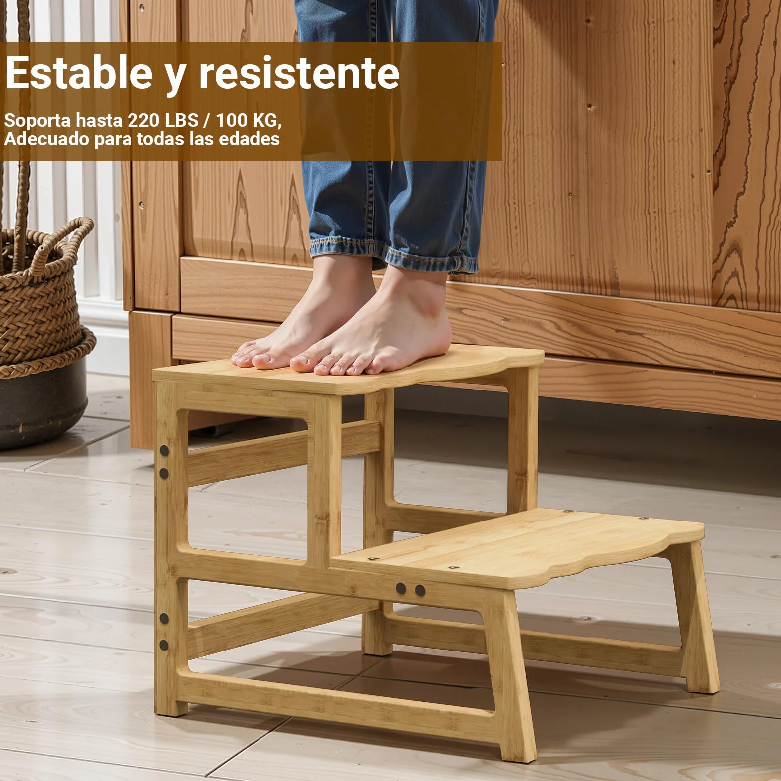 COSYLAND Taburete de Niños 2 Peldaños Asas Escalón Infantil 18 Meses Natural