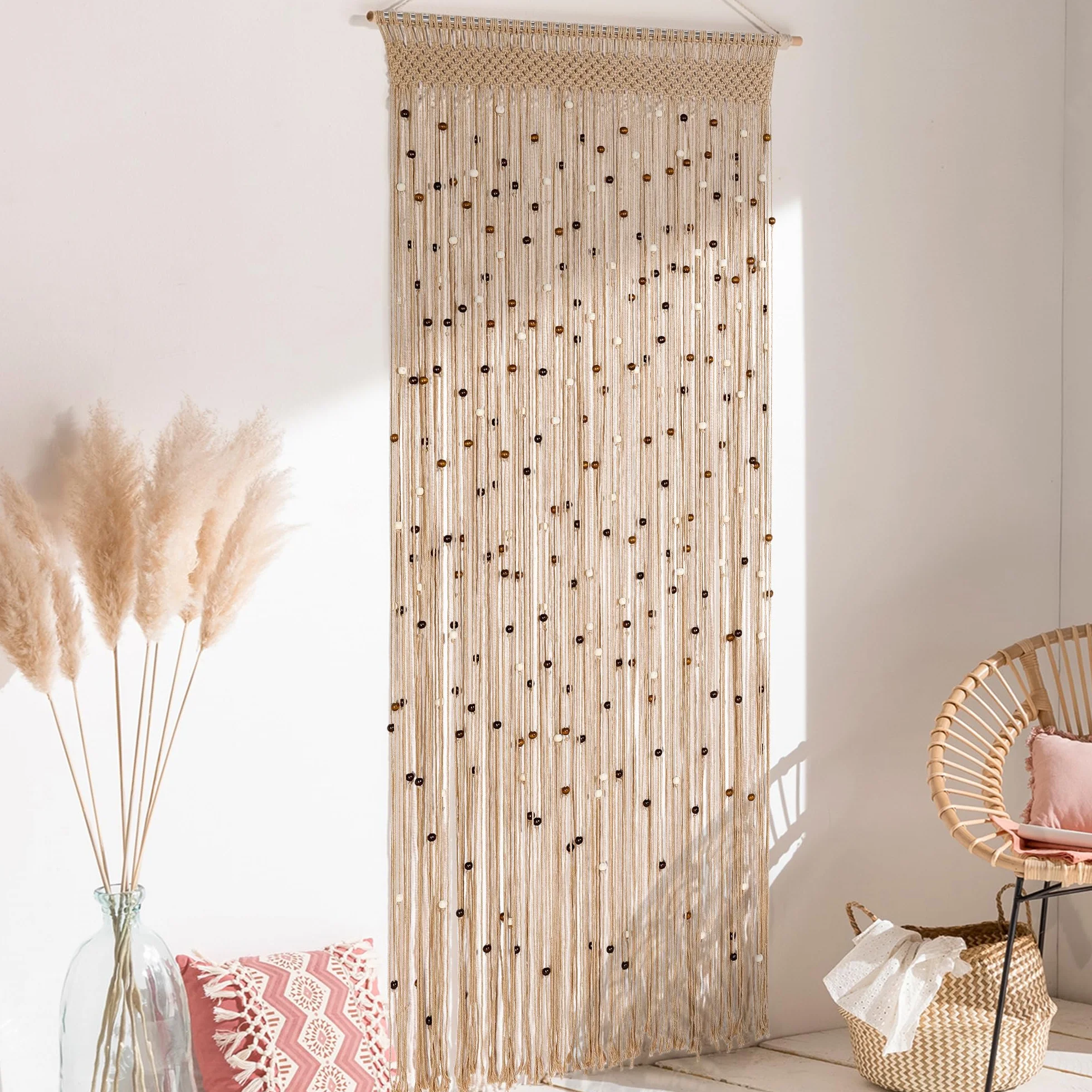 BECHAEO Cortina de Cuentas de macramé, Hecha a Mano, de algodón, para Puerta, Ventana, Cuentas de Madera, Colgante, Divisor de habitación, Armario, Dormitorio, decoración de privacidad, 2 Paneles de
