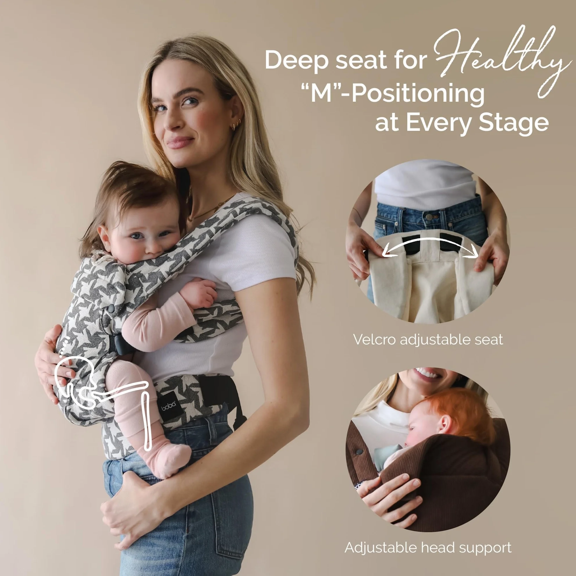 Boba Auri Portabebés 100% Algodón Premium 3 Posiciones Ergonómicas Asiento Ajustable 3,2-20 kg Gris