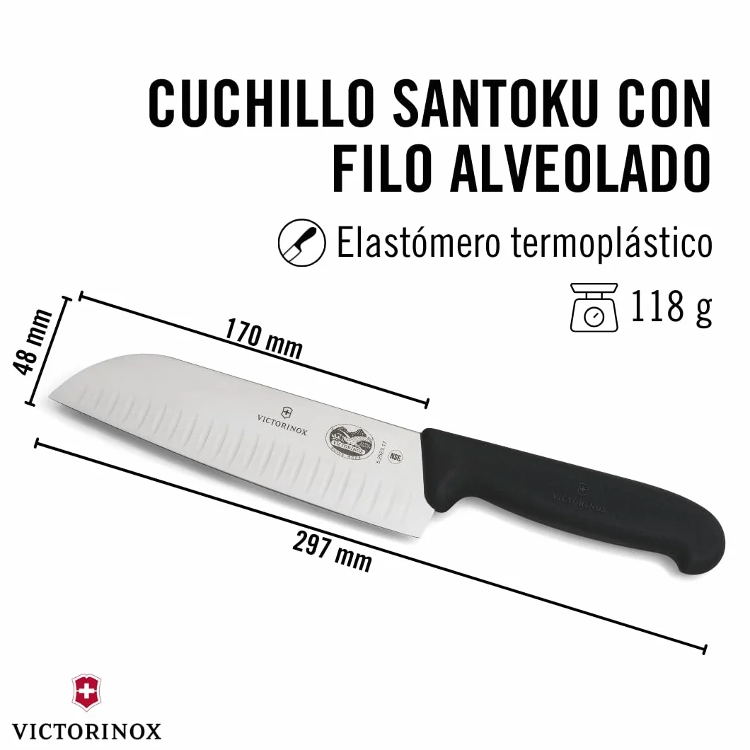 Victorinox Fibrox Cuchillo Santoku con hendiduras, cuchillo de cocina japonés para carne, pescado y verdura, 17 cm, afilado, acero inoxidable, negro