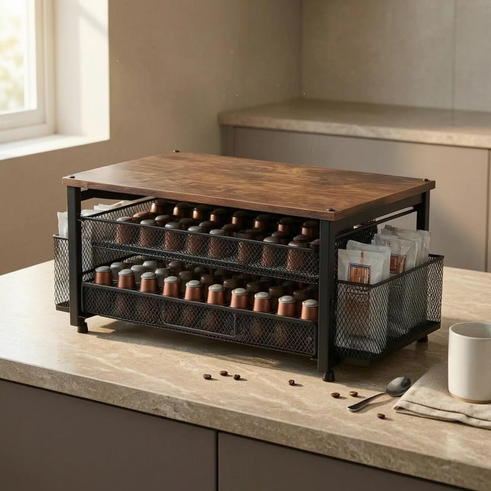 Amagogo Estante para Cápsulas de Café Organizador Soporte Dispensador Bandeja Estructura Compacta para Accesos Rápidos y Visibilidad Adecuado para Cocina, Negro, Cesta Lateral De Plástico