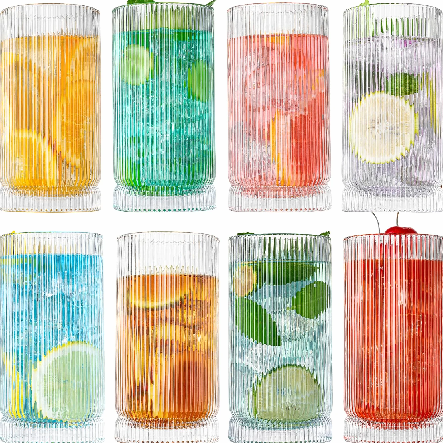 Vasos para beber, 8 vasos de vidrio estilo origami, vasos altos de 15 onzas, elegante cristalería vintage ondulada, vasos acanalados, vasos a rayas, vasos de café helado para cóctel, whisky,