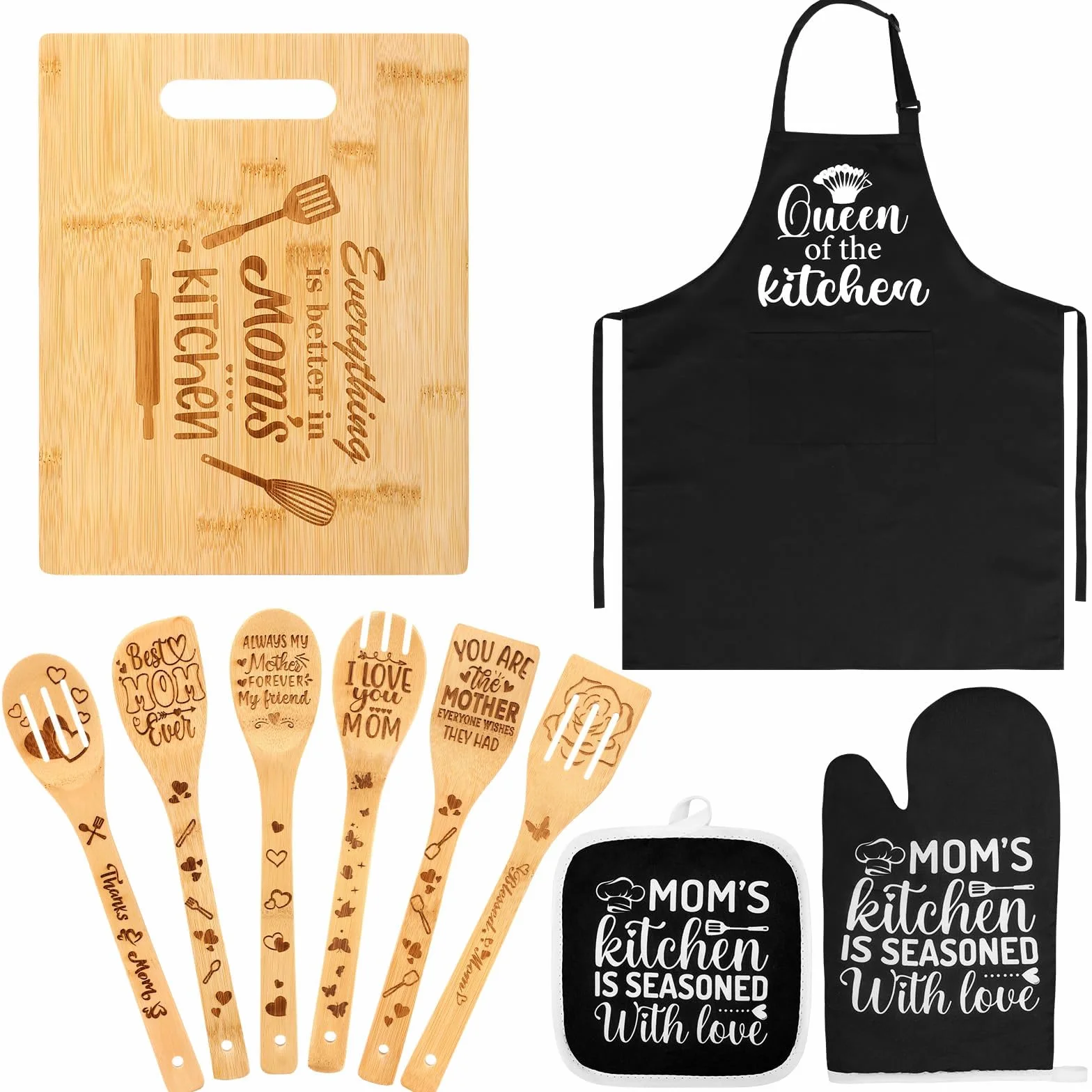 Regalos de cocina para mamá, regalos para el día de la madre de parte de la hija, ideas de regalo de cumpleaños para mamá con tabla de cortar, cucharas de madera, delantales, guantes de horno, soporte