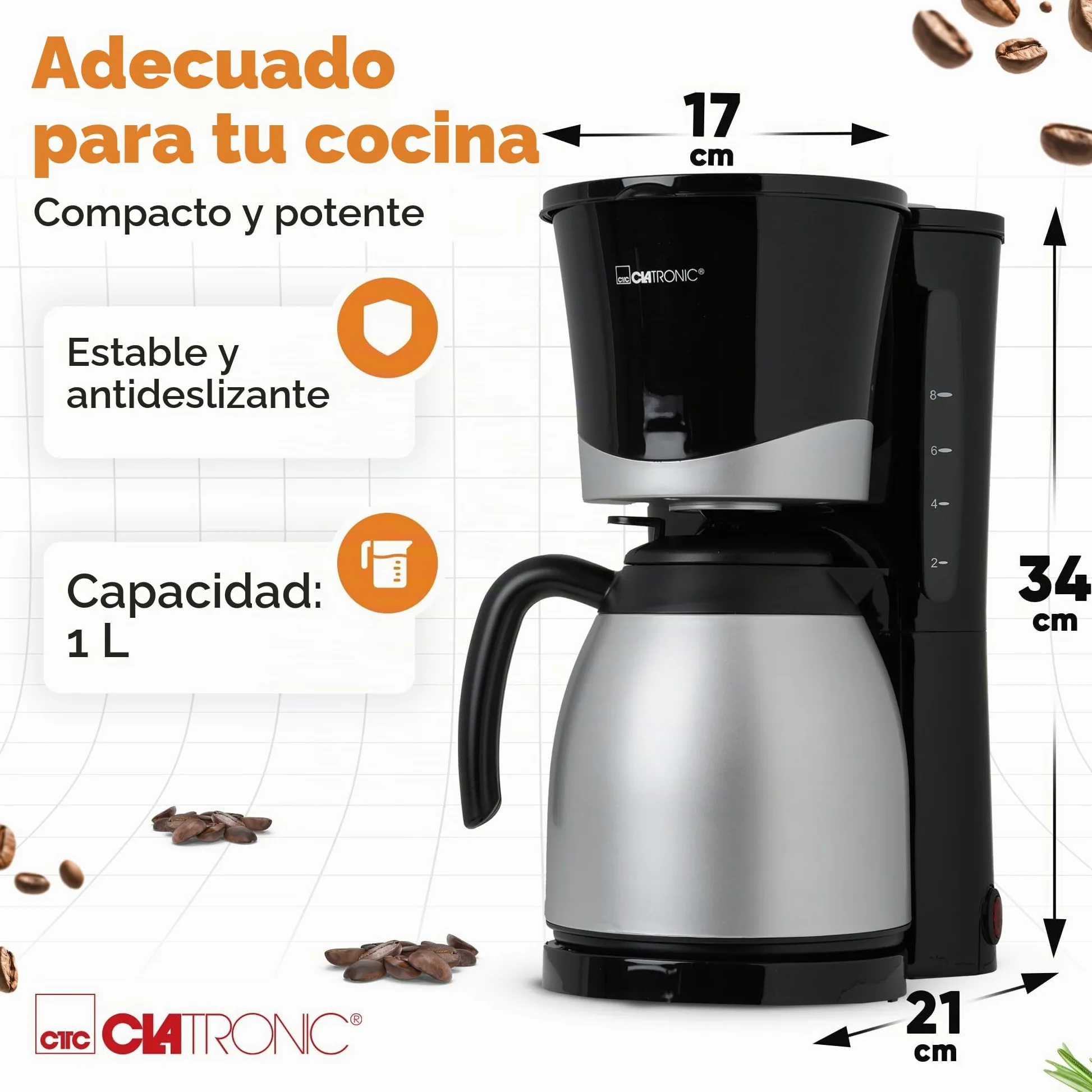 Clatronic Cafetera para 8-10 tazas de café de filtro, con jarra térmica, sistema antigoteo y desconexión automática, filtro extraíble, indicador de nivel de agua aproximativo 1 litro, KA 3327 negro