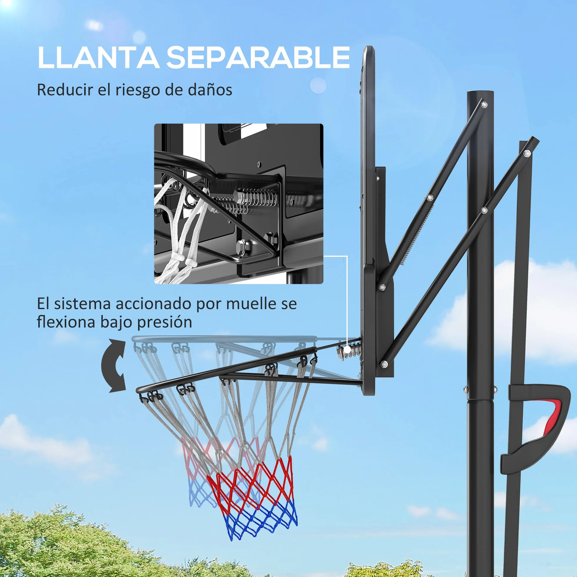 SPORTNOW Canasta de Baloncesto Ajustable 235-305 cm Exteriores Interiores Portátil con Ruedas Base Rellenable Negro