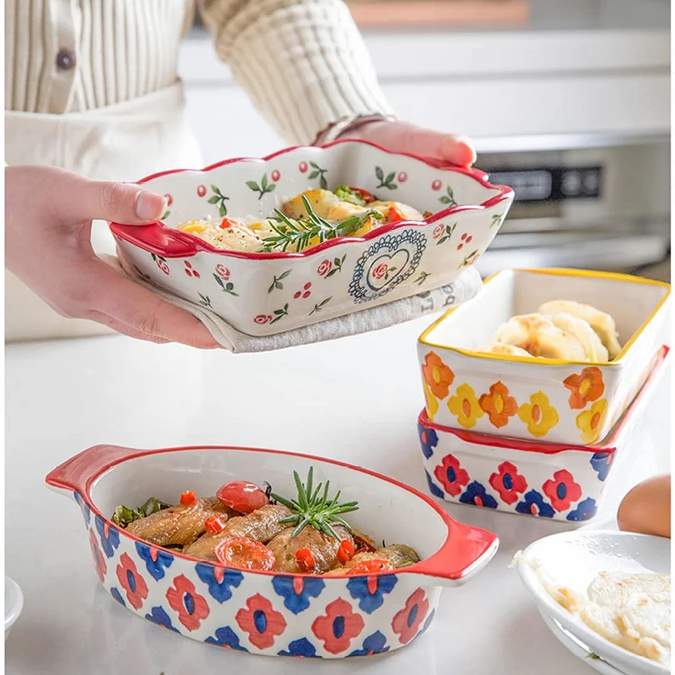 Fuente para Hornear Ceramic Bakeware - 9 pulgadas para hornear - rectangular / panadero redondo, cacerola para hornear con asas dobles, sartenes lasañas para cena de pastel, cocina Bandejas Horno