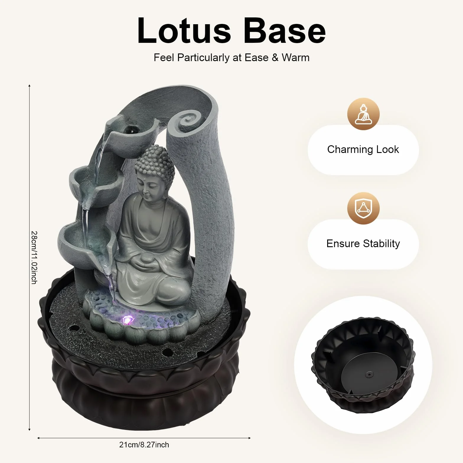 Fuente de mesa de Buda, sala de estar, relajación, meditación, iluminación LED, cascada, Feng Shui, fuente decorativa compacta para el hogar y la oficina, 30 x 22 x 22 cm, decoración zen