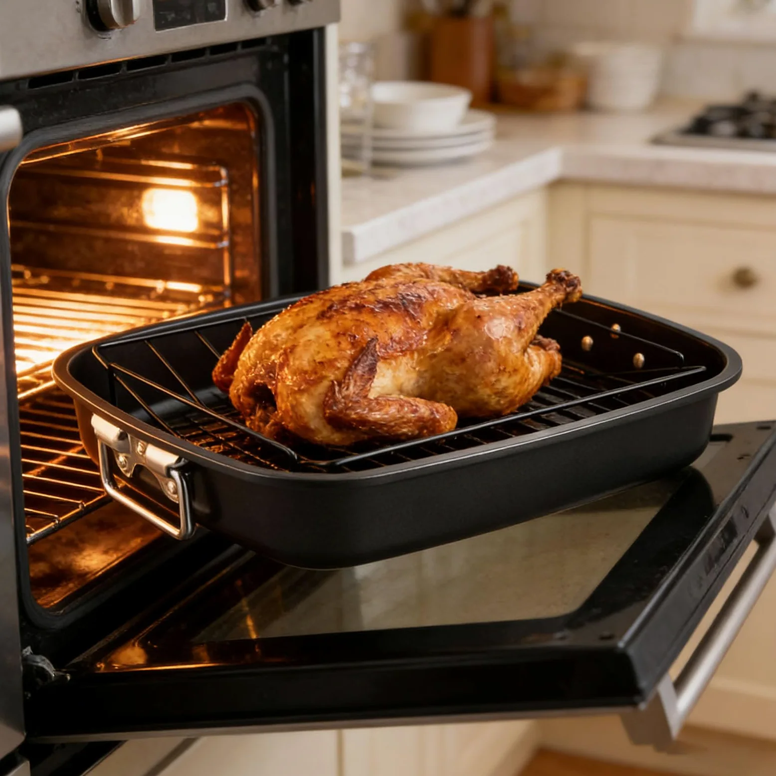 Sartén profesional de acero al carbono de 17 pulgadas con estante en forma de V, bandeja de horno de gran capacidad para horno con asas