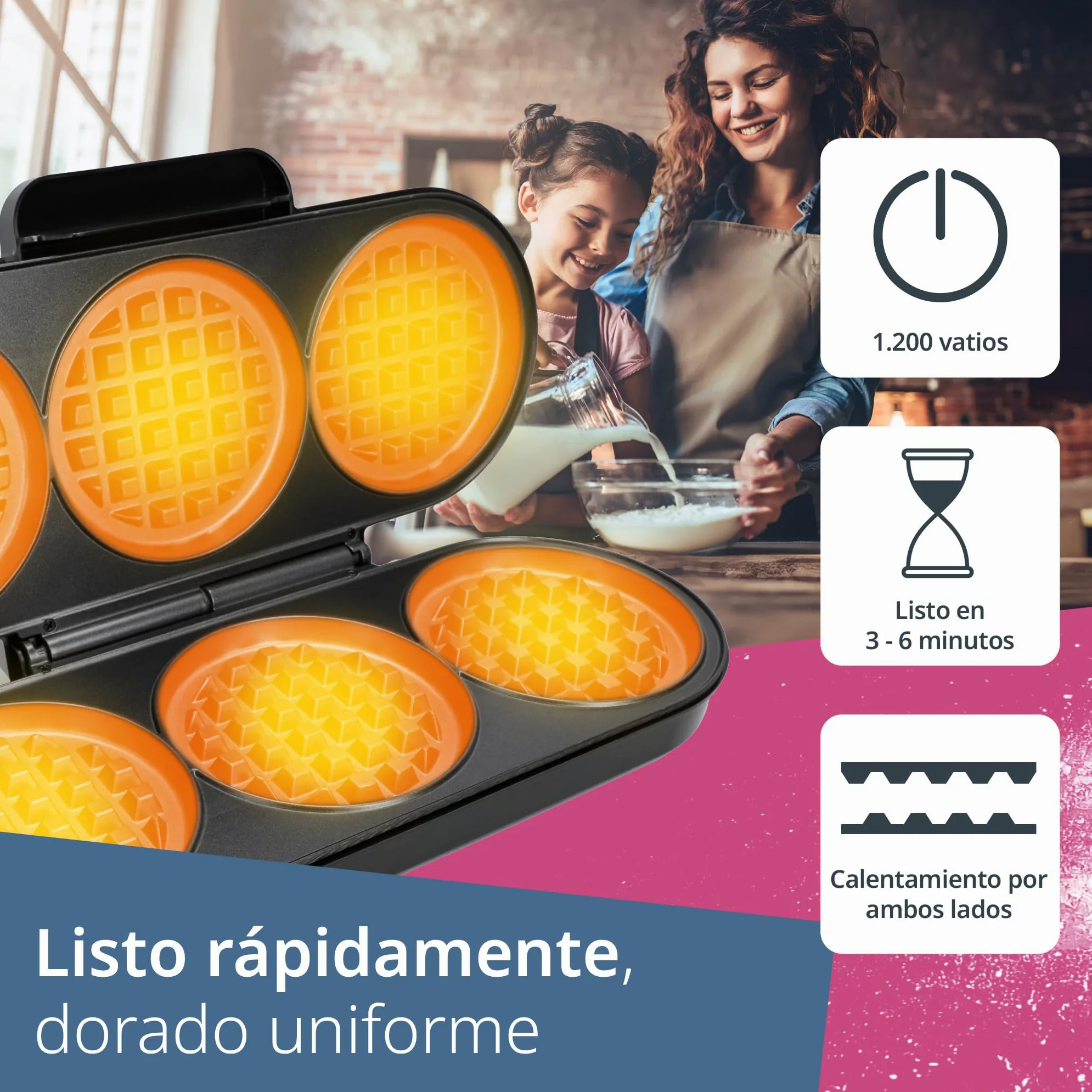 ADE Gofrera XL para 3 gofres redondos al mismo tiempo | 1.200 vatios | waffle maker con revestimiento antiadherente | perfecta para fiestas de cumpleaños infantiles