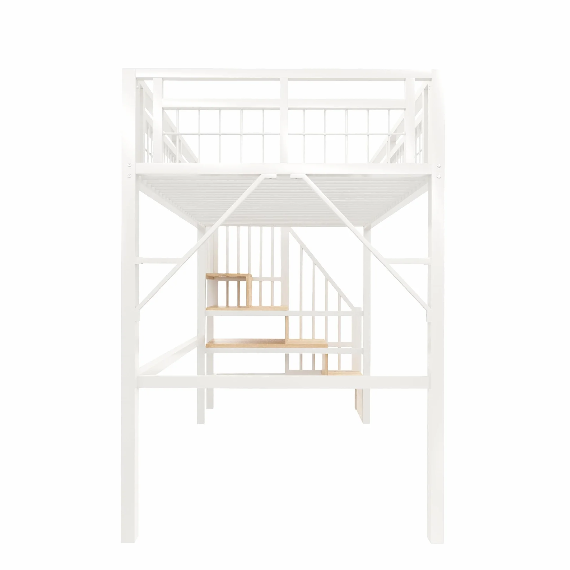 Lubvtti Cama alta de metal 90 x 200 cm con luz LED, cama individual tipo loft, espacio utilizable debajo de la cama, escalera de seguridad con espacio de almacenamiento, blanco (colchón no incluido)