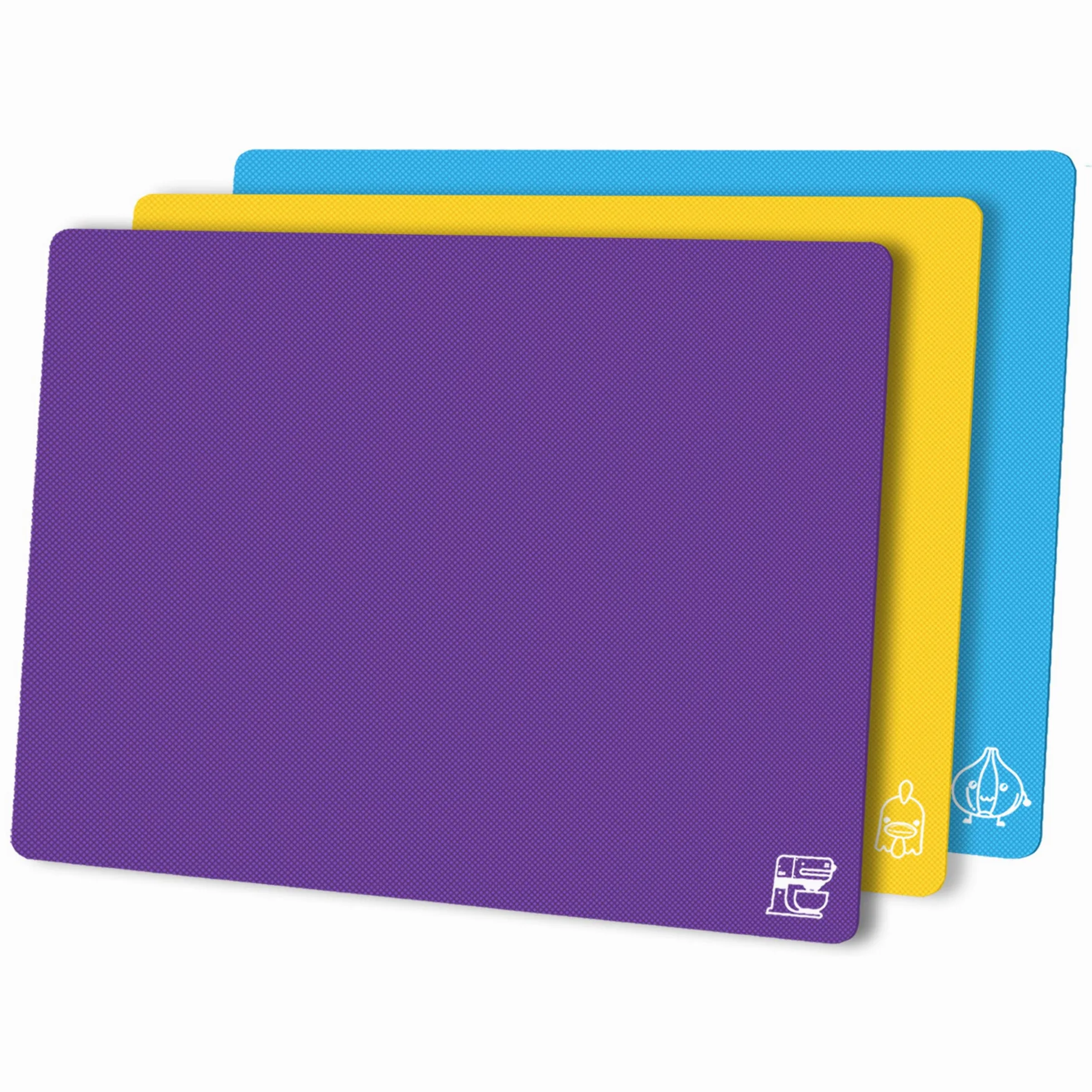 ZVP Juego de 3 tablas de cortar de plástico flexible para cocina, tablas de cortar con icono de alimentos, alfombrillas de corte antideslizantes para carne, sin BPA, aptas para lavavajillas