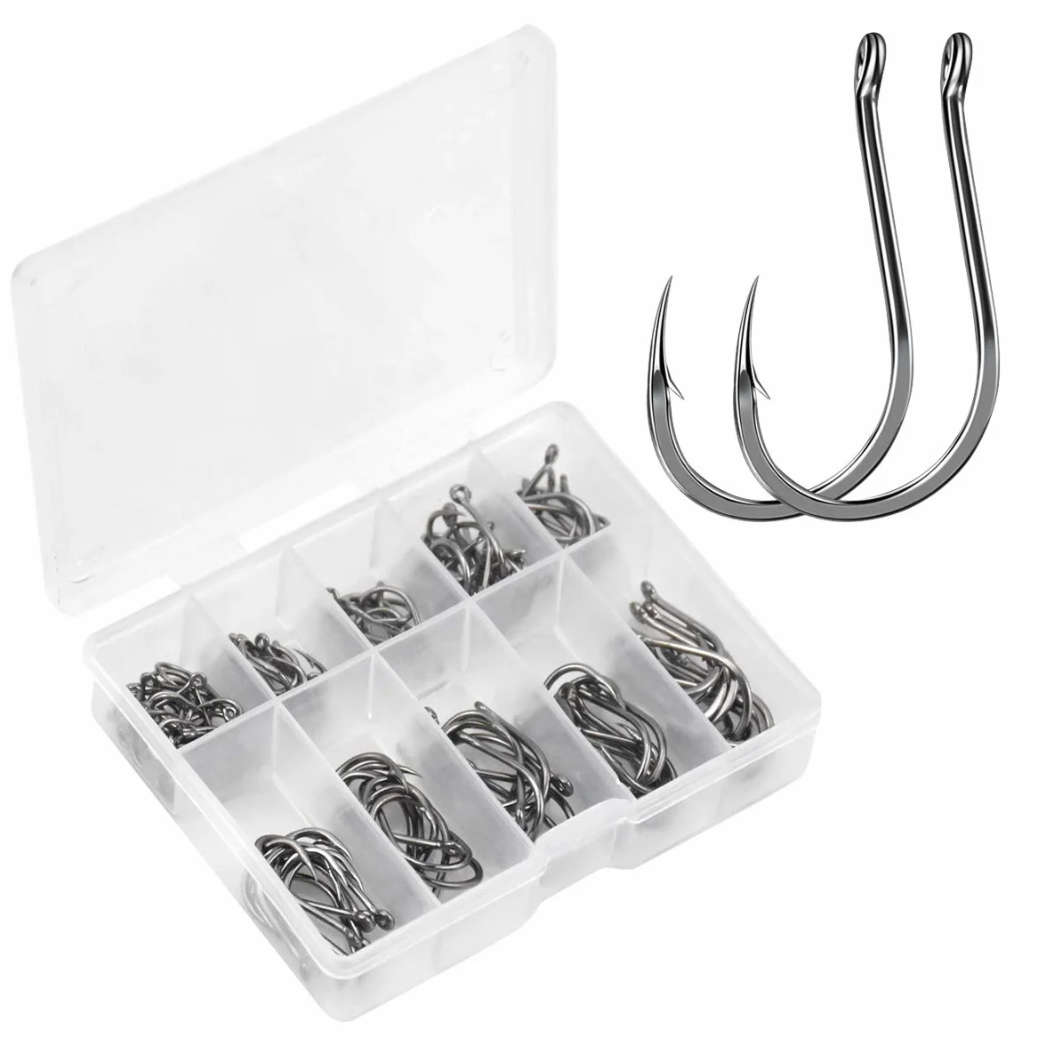 Anzuelos de Pesca 100 PCS 10 Tamaños Acero al Carbono con Caja 3# - 12#