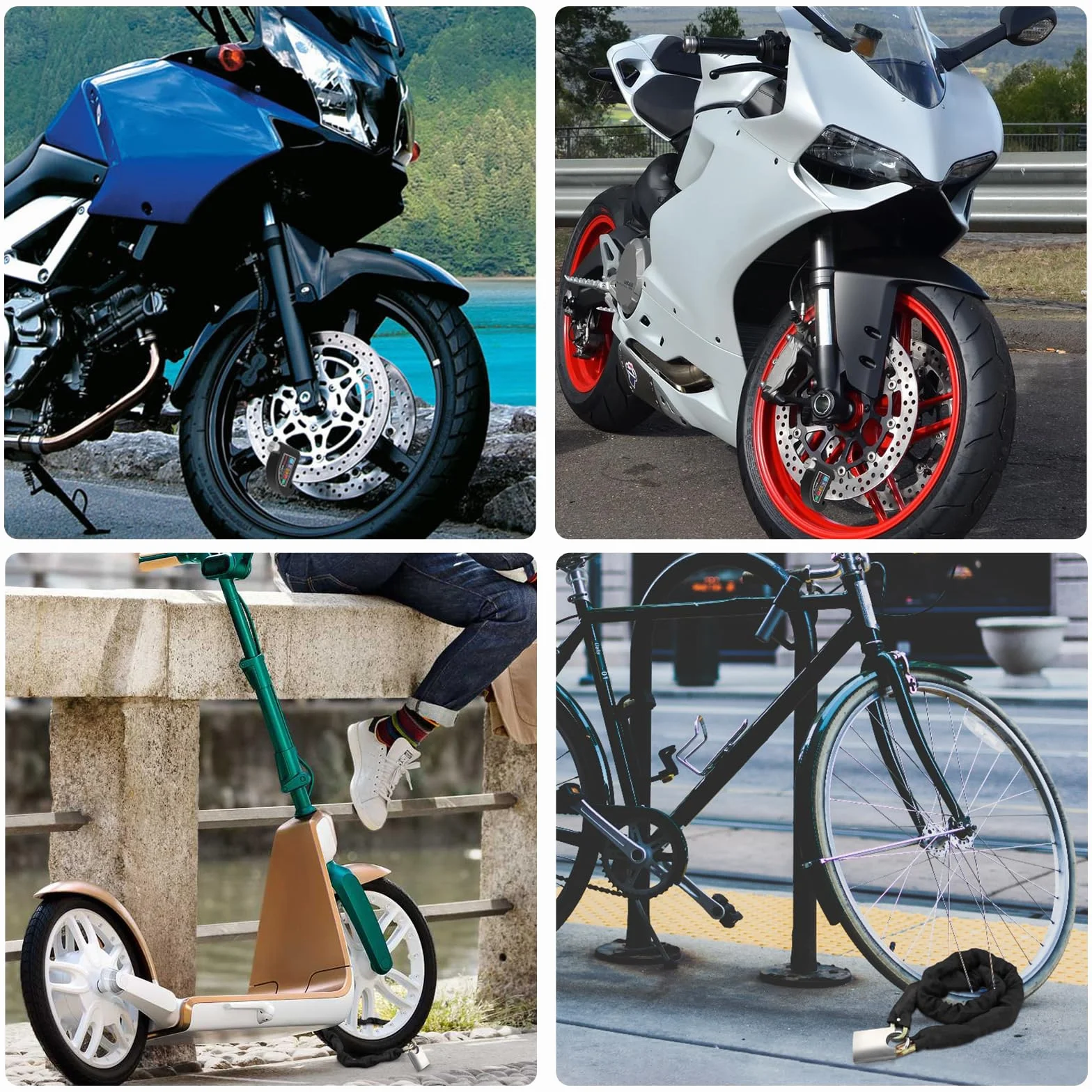 Justech Candado Moto Disco 110 DB Alarma 2 Modos + Candado Cadena Cable Recordatorio Bolsa Transporte Antirrobo Impermeable Alta Seguridad
