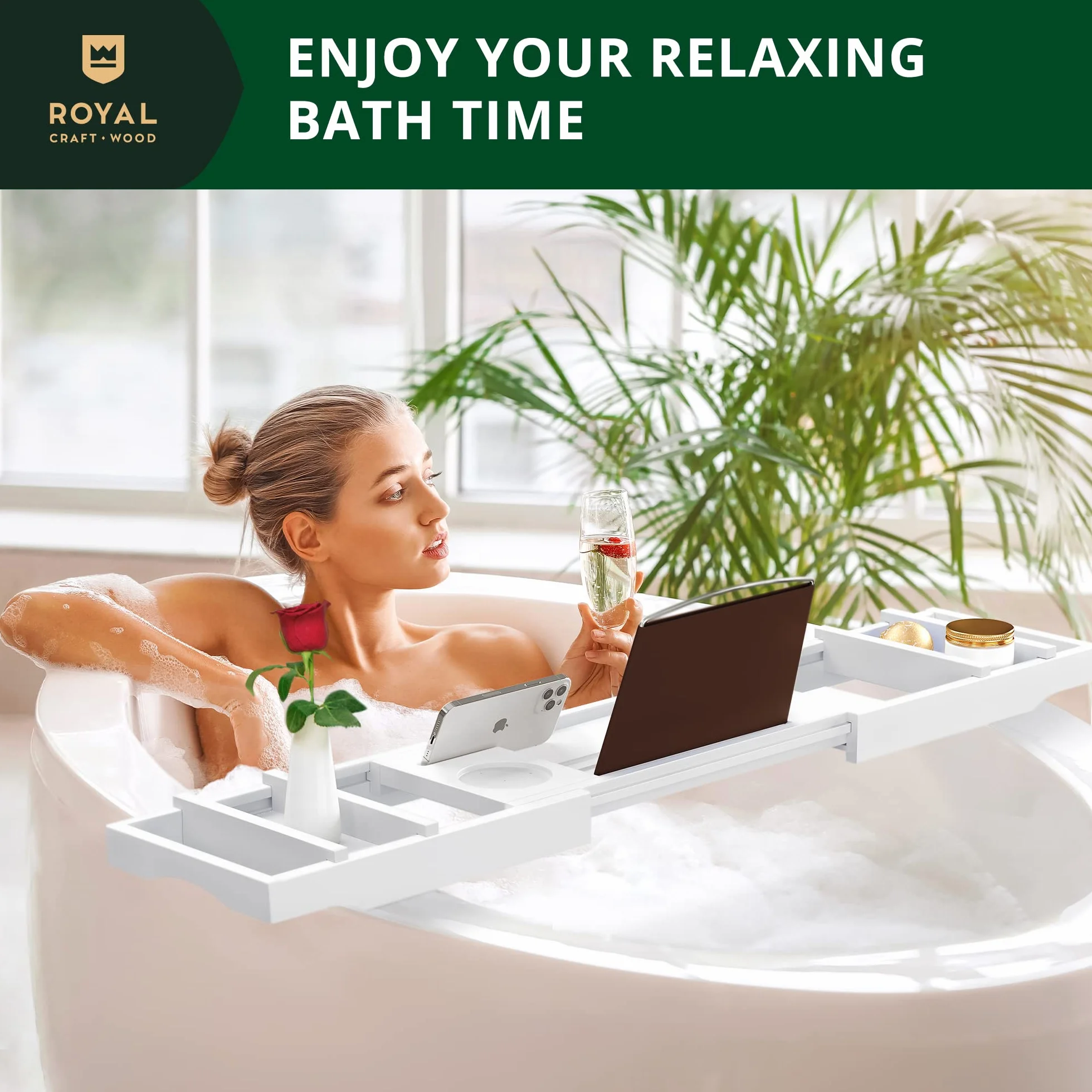 Royal Craft Wood Bandeja de Lujo para bañera, Bandeja de baño y Cama para 1 o 2 Personas, Bandeja de Mesa de bañera con Lados Extensibles, Bandeja organizadora Ajustable para baño, jabonera Gratis