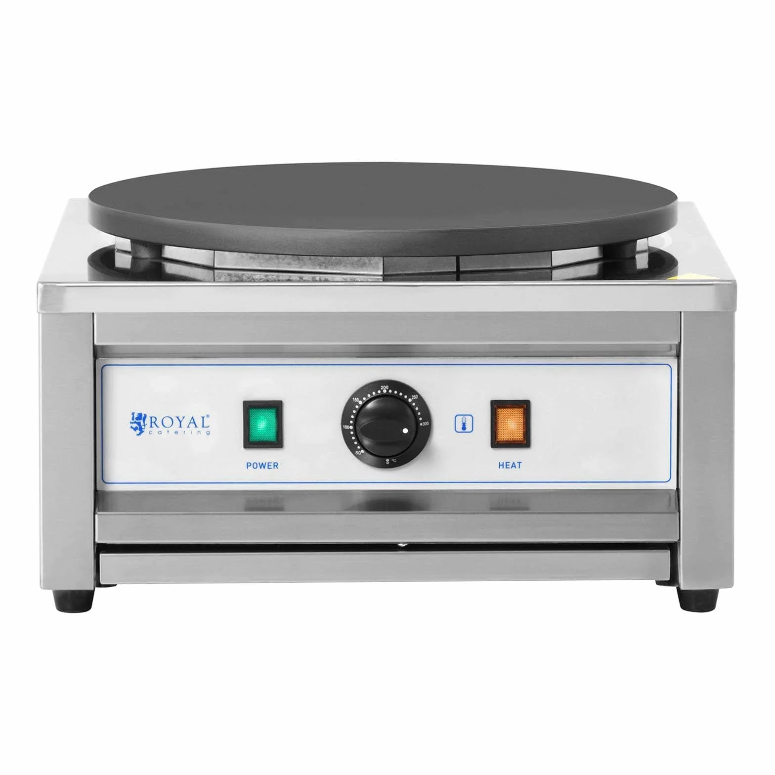 Royal Catering Crepera Máquina de Tortitas RC-CMS01 (Diámetro: 400 mm, 3.000 W, 0-300 °C, Acero inoxidable/hierro fundido revestido de teflón)