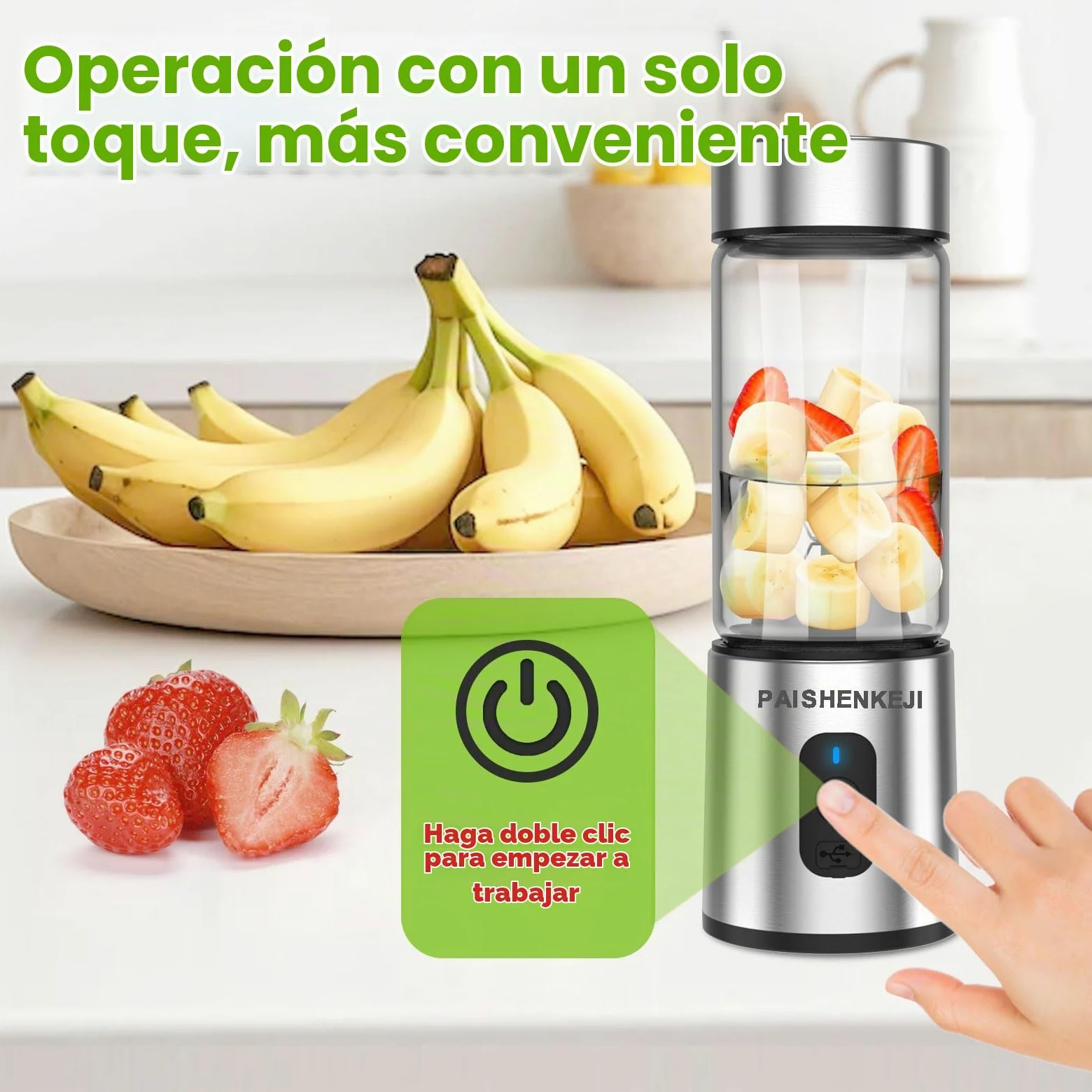 Batidora portátil de cristal para batidos y licuados: Batidora personal para triturar hielo y fruta congelada, mini exprimidor de 400 ml ideal para batidos, licuados y zumos, Smoothie Maker