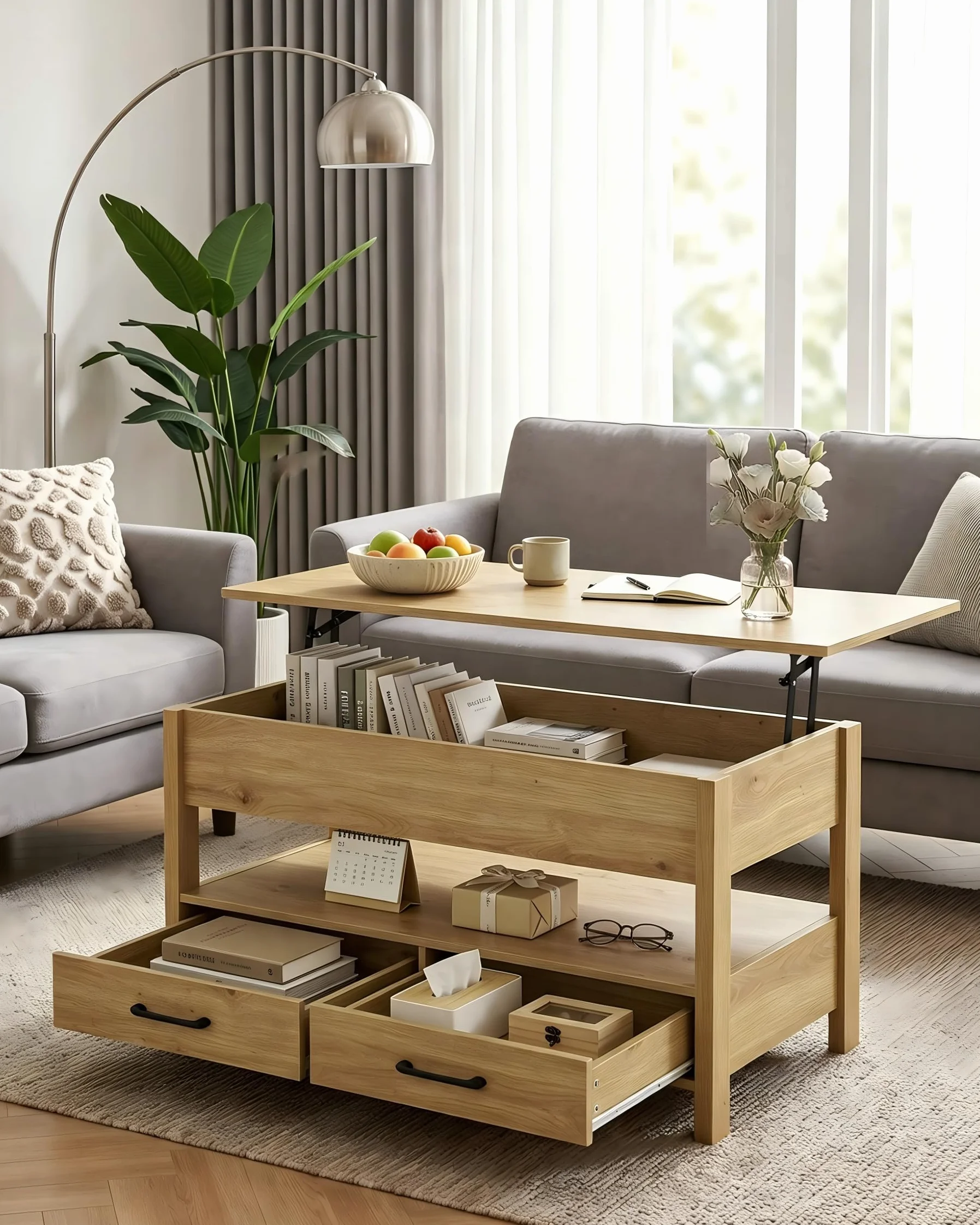 Mesa de Centro Elevable con LED RGB, Mesa Elevable y Extensible para Salón, Mesa Auxiliar Inteligente con Almacenamiento, Mesa para Sofa con Altura Ajustable