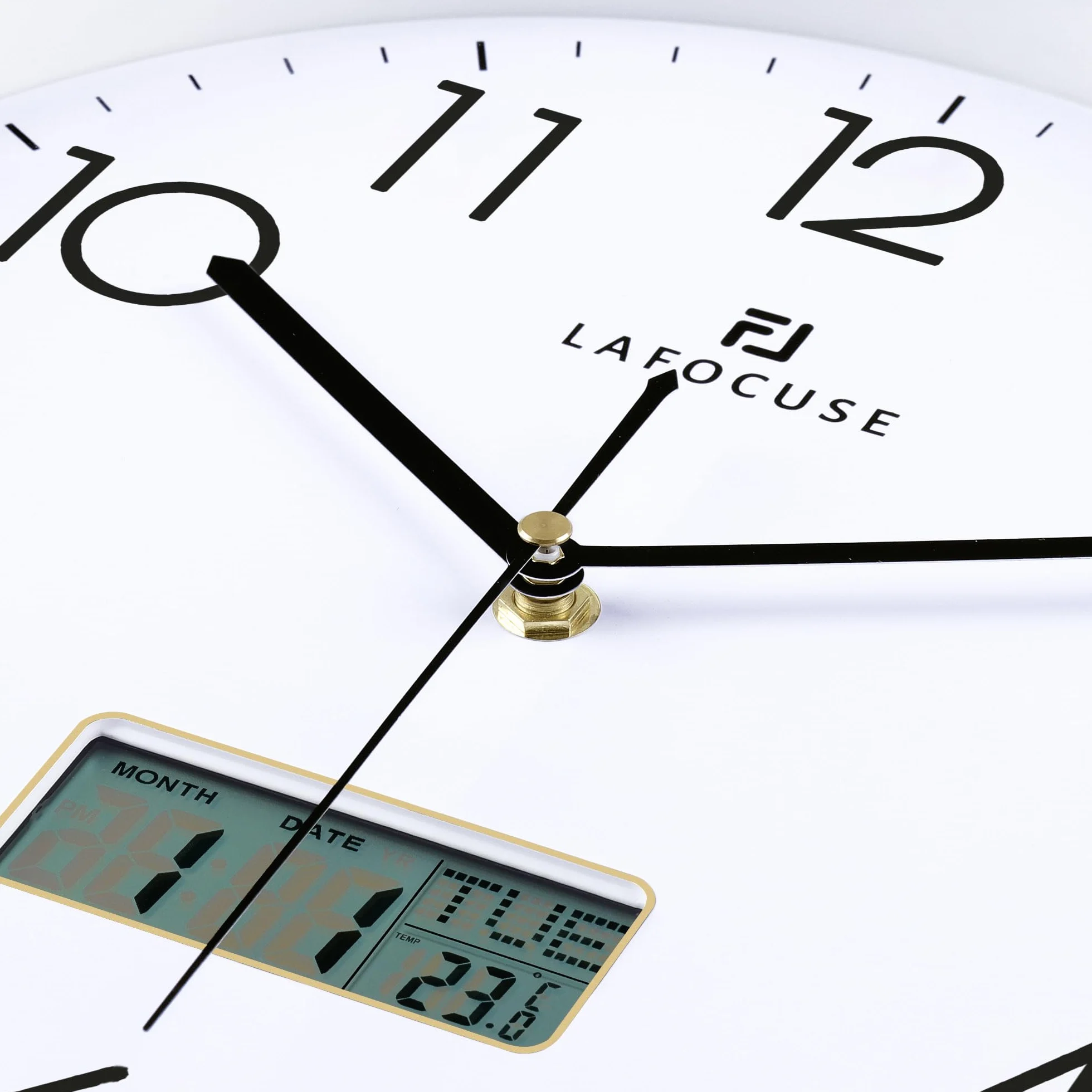 Lafocuse 30cm Reloj de Pared Calendario con Fecha y Termometro Digital LCD, Silencioso Moderno Plateado Reloj Cocina Pared, Fácil de Leer sin Tictac para Salon Dormitorio Oficina