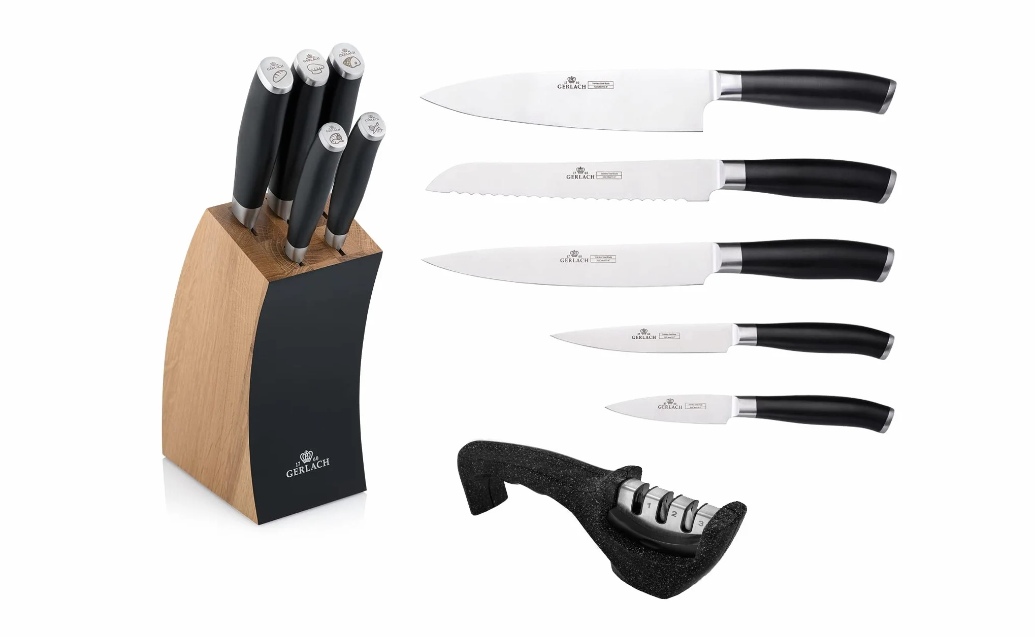 Gerlach Deco Bloque de 5 Cuchillos con Afilador, Acero Inoxidable, Madera de Haya, Cuchillo de Pan, de Verduras, Negro