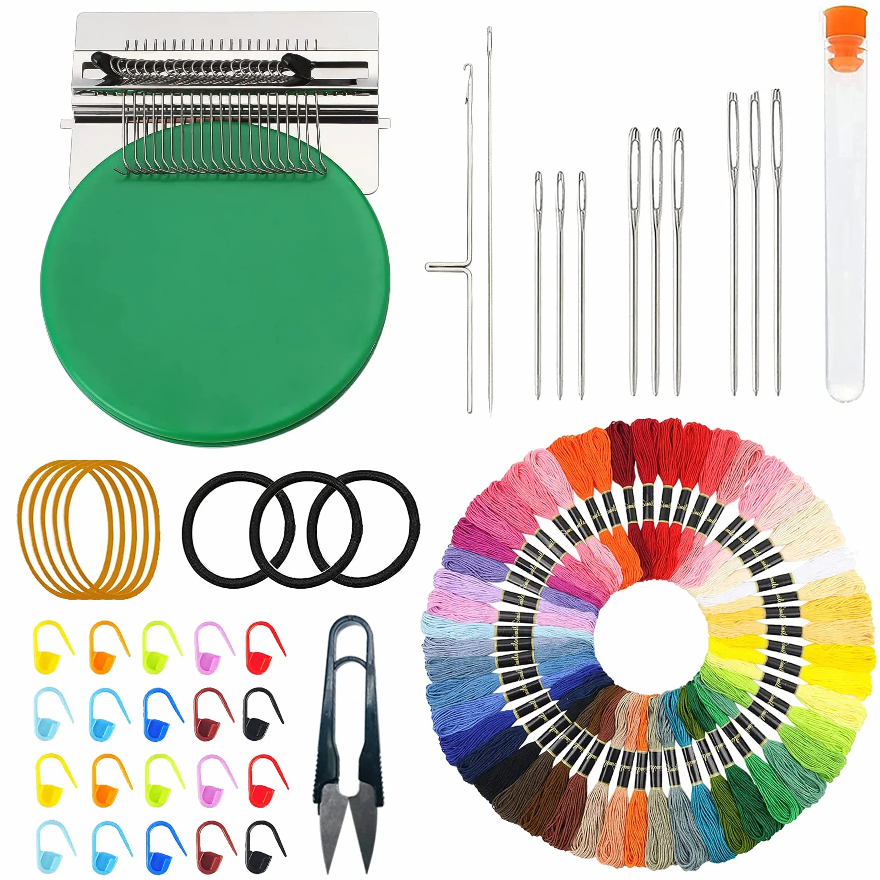 Allazone Telar Pequeño para Tejer, 21 Hooks Máquina de Tejer en Telar de Madera, 50 Color Hilo de Bordar para remendar Jeans, Calcetines y Ropa